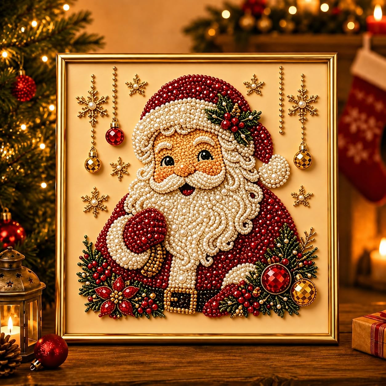 DIY Christmas Pearl Diamond Art Painting Kit with Frame,Christmas Pearl Beads Art Craft for Adults & Beginners,Gemstone Diamond Dots Beads Painting for Home Wall Decor,Beginner DIY Seasonal Party Gift