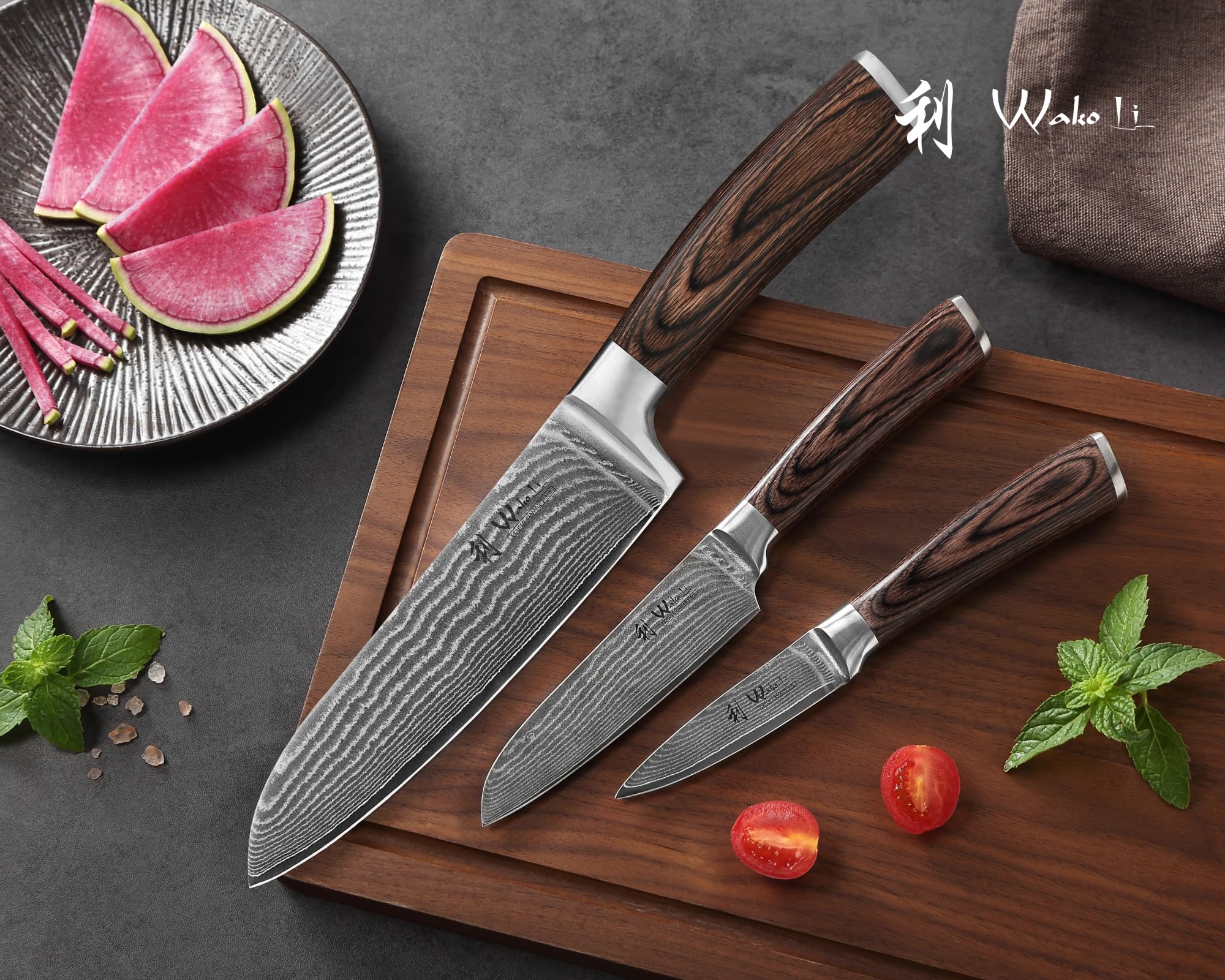 Wakoli Edib Set de 3 couteaux en Damas I Lames en acier damassé à 67 couches avec noyau VG10 et manches en bois de pakka I Couteaux de cuisine professionnels & couteaux damassés dans une boîte en bois