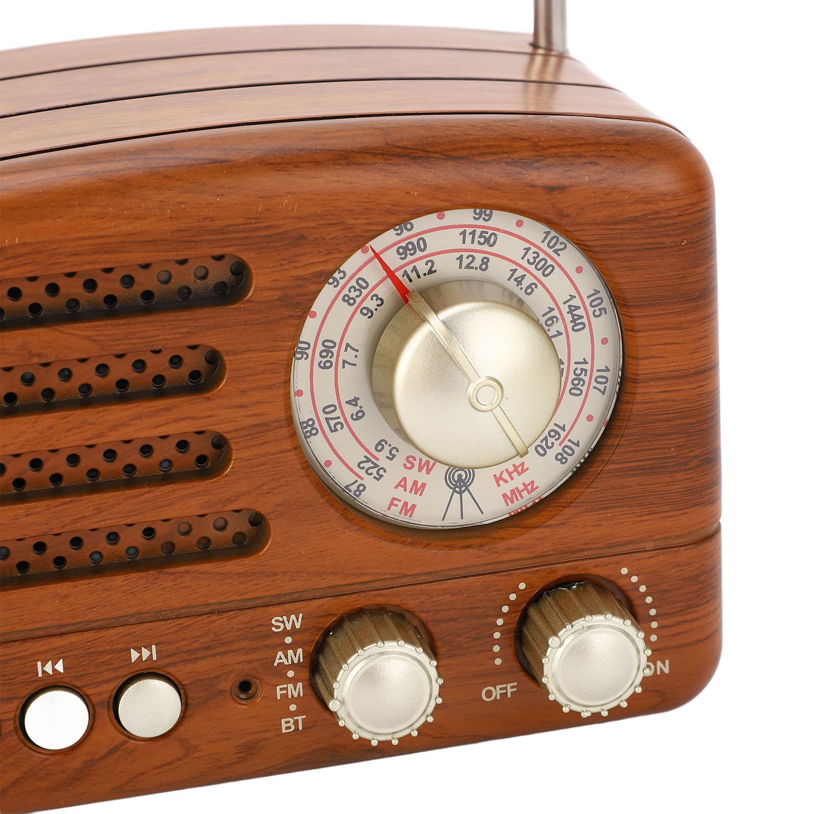 Radio AM FM vintage Altoparlante retrò portatile USB con antenna regolabile, batteria 1800mAh, legno
