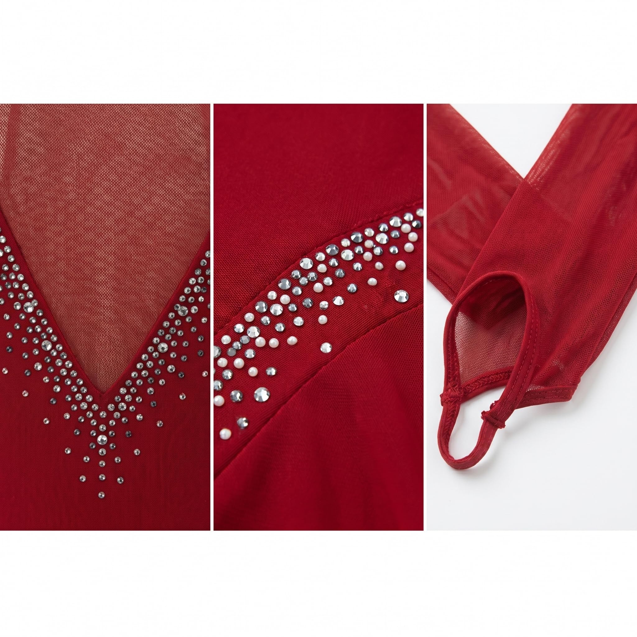 Abito da Pattinaggio Artistico Borgogna a Maniche Lunghe Vestito Pattinaggio sul Ghiaccio Gara con Strass Brillanti Body Danza Competizione Personalizzato