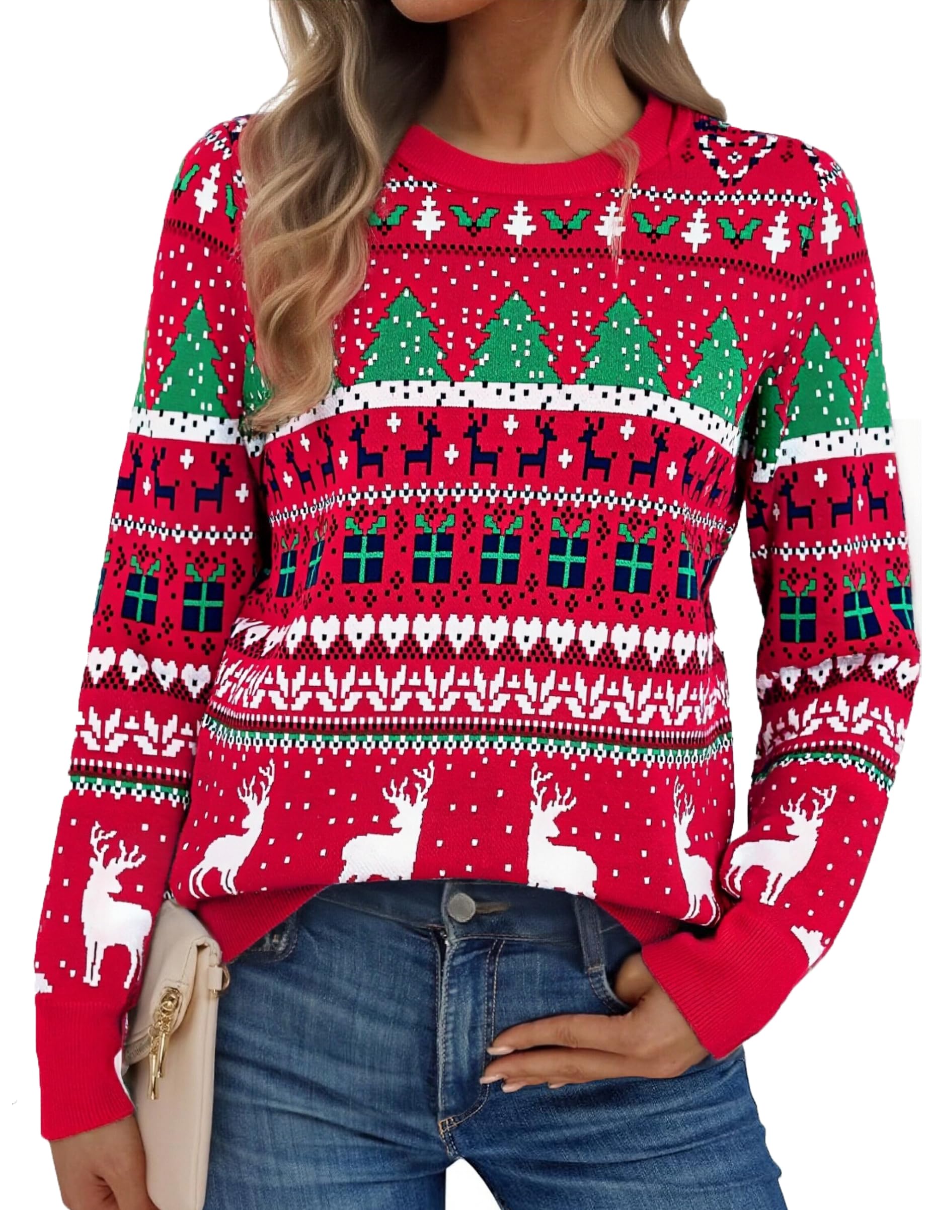 Świąteczny sweter damski zabawny sweter bożonarodzeniowy sweter sweter z nadrukiem płatek śniegu Łoś z długim rękawem Okrągły dekolt Świąteczna impreza