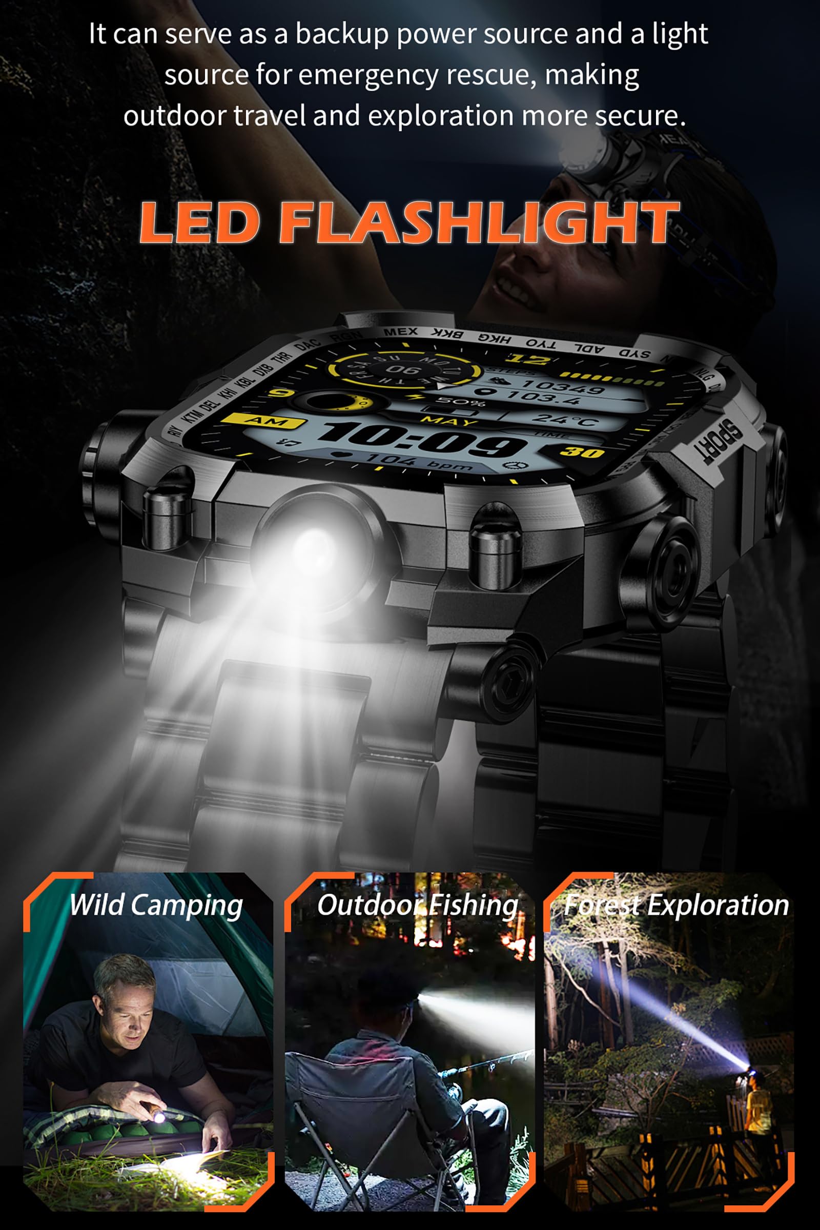 Orologio militare, da uomo, con torcia a LED, funzione telefonica, 2,01", robusto, per attività all'aperto, 100 + modalità sportive, monitoraggio della frequenza cardiaca, monitoraggio del sonno