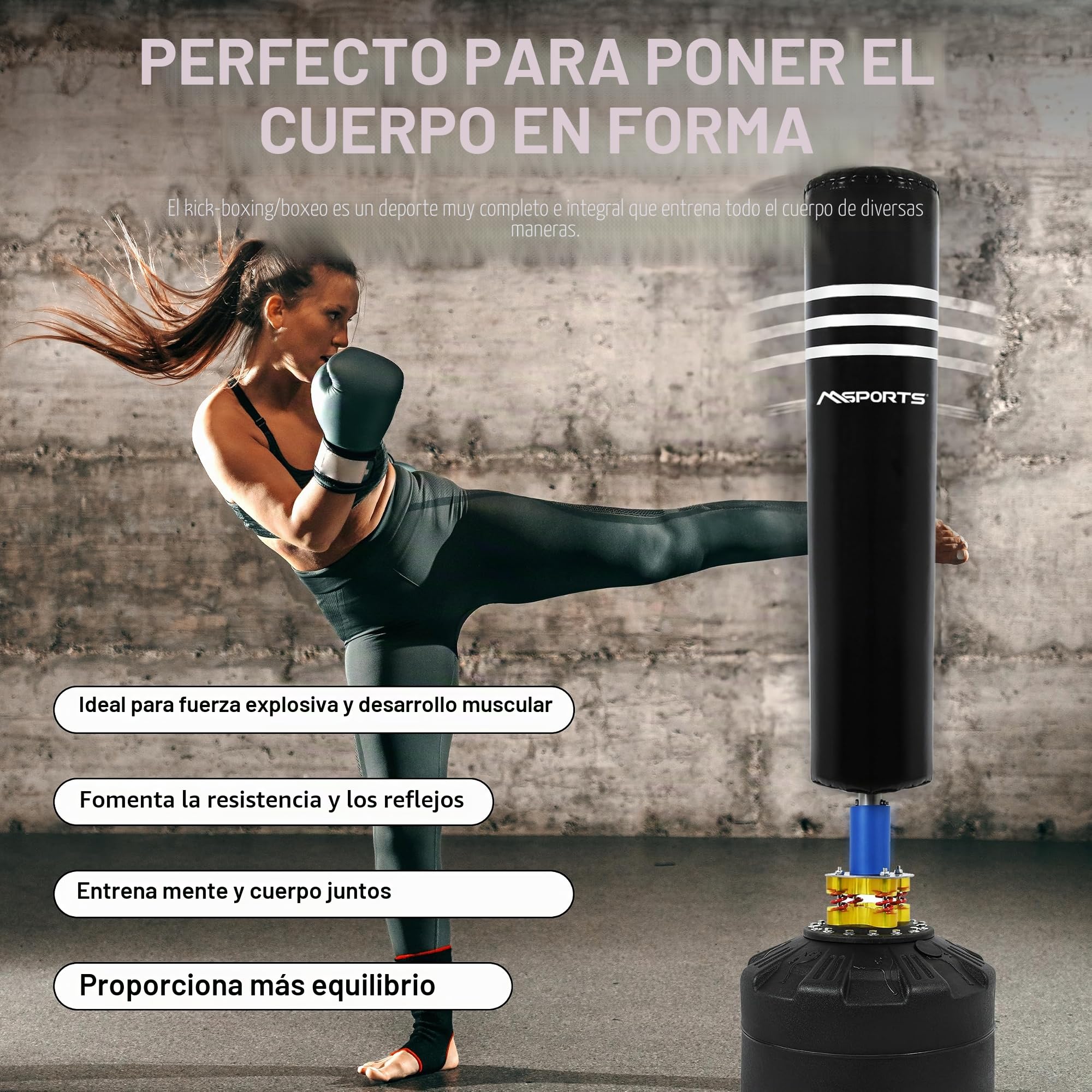 MSPORTS Saco de boxeo premium de pie con base, saco de boxeo para casa y fitness, kickboxing, artes marciales mixtas y entrenamiento de fuerza, soporte resistente y material duradero