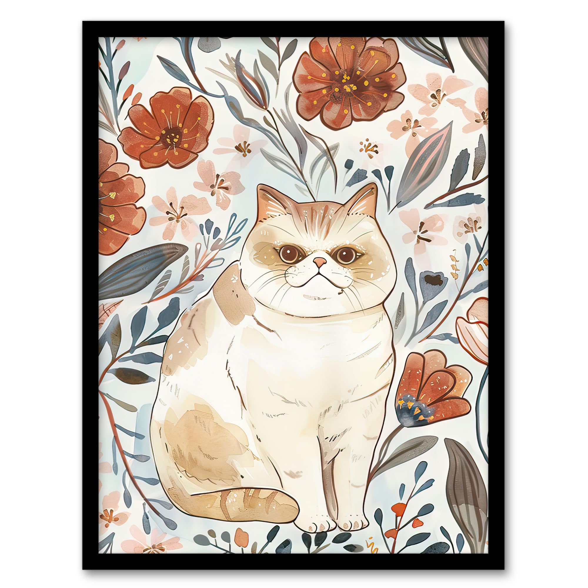 Artery8 Smiling Exotic Shorthair Cat Floral Watercolour Living Room Artwork Framed Wall Art Print 18X24 Inch