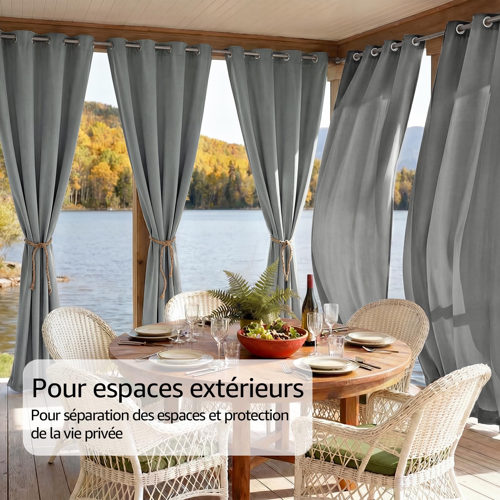 TOPICK Lot de 2 Rideaux d'extérieur Occultants Imperméables à Oeillets， Protection de l'Intimité, Usage Intérieur et Extérieur, L132 x H275 cm, Gris Clair, pour Pergola Terrasse Balcon Jardin Tonnelle