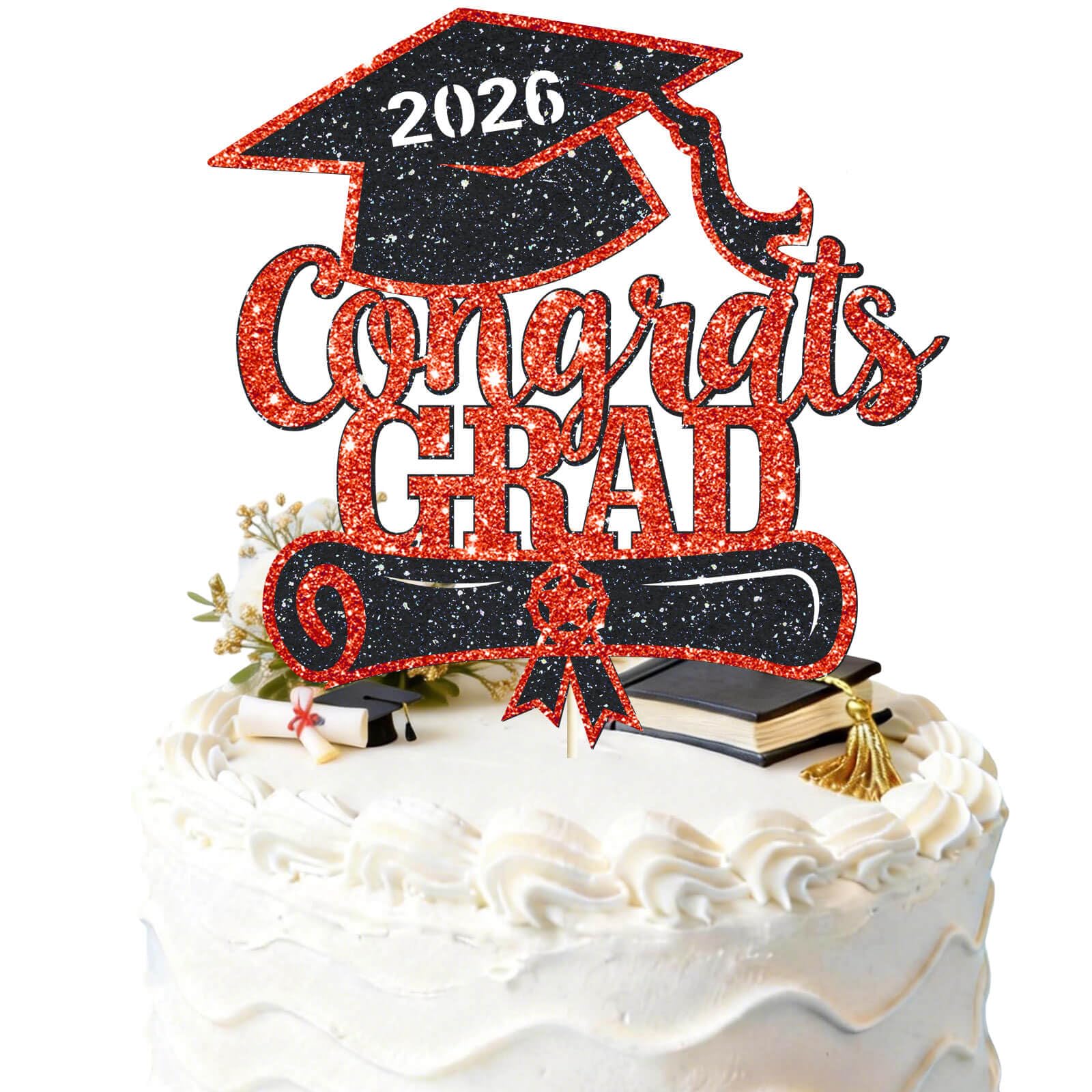 Congrats Grad Cake Topper Red Glitter Class of 2026 Cake Topper You Did It Cake Decorations for 2026 Senior High School/College/University Happy 2026