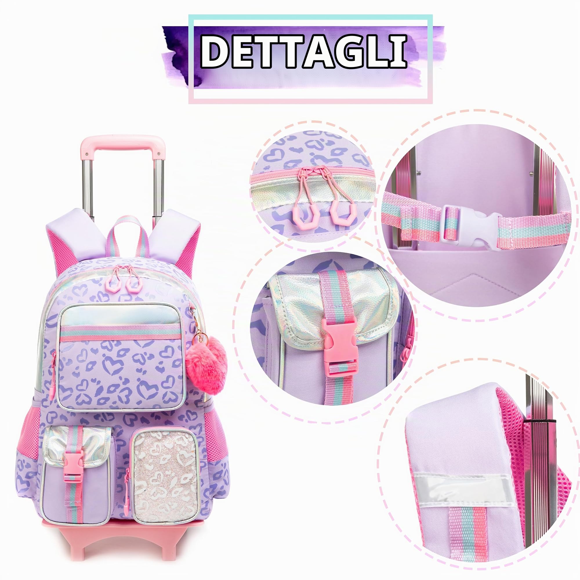 HTgroce Zaino Trolley Scuola Elementare, Zaino Scuola Elementare Bambina Set, Trolley 2 in 1 con Spallacci Per Zaino Bambini