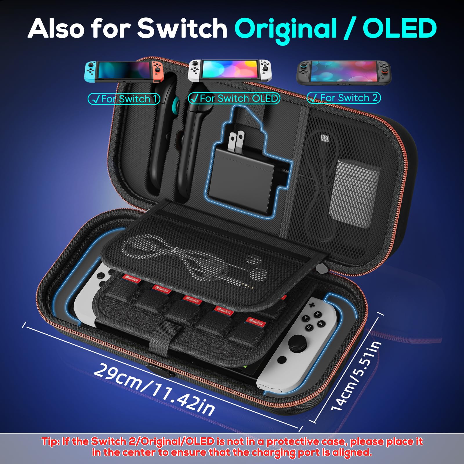 [Charge Inside] Carrying Case for Nintendo Switch 2 2025 / Switch OLED / Switch with Adapter and Joypad Storage, Travel Case for Switch 2 Console with 22 Game Card Storage, Carbon Black - 5