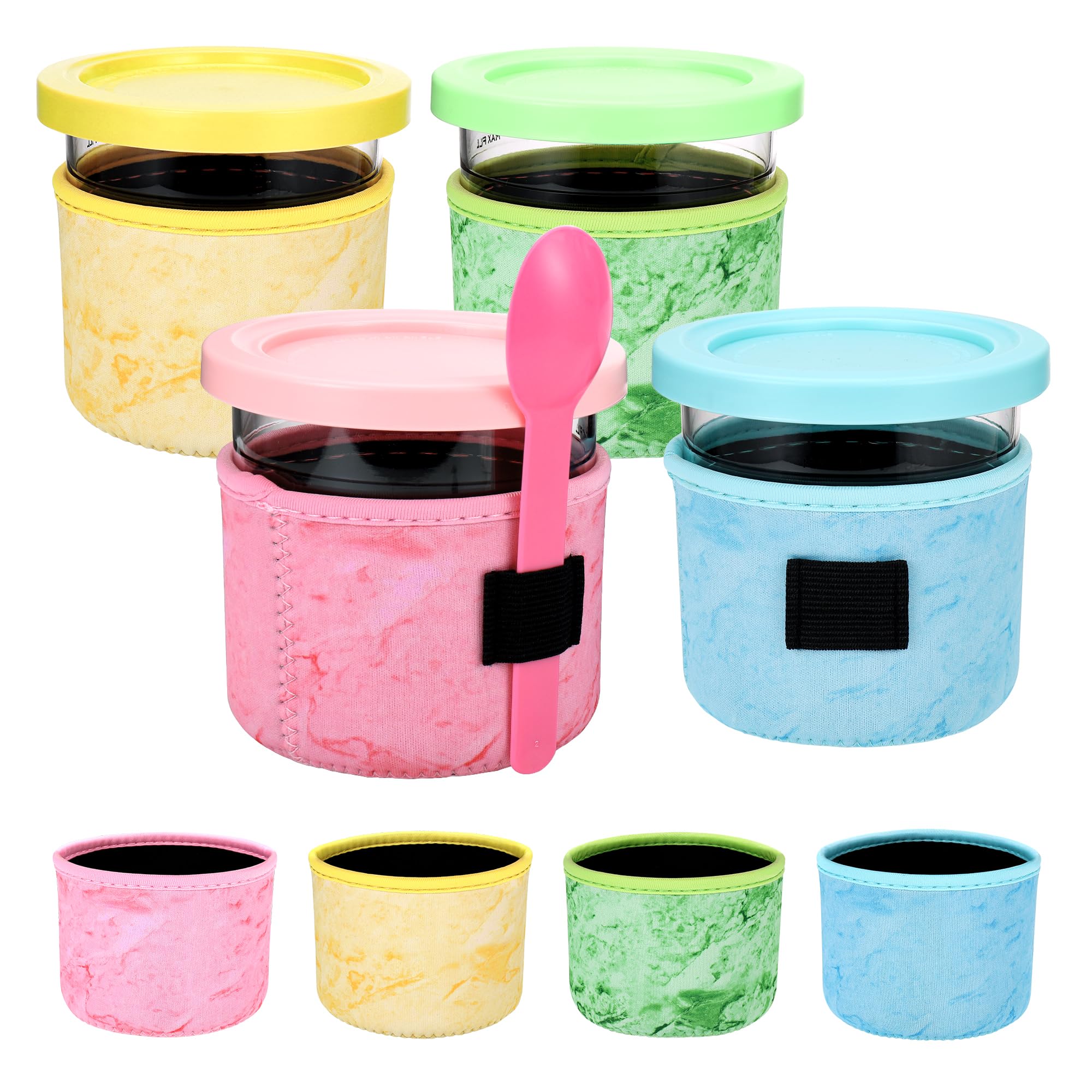 Hejo 4 Pcs Ice Cream Neoprene Sleeve for Ninja CREAMi NC301 NC300 NC299AMZ UK Series, Neoprene Sleeves for Ninja Ice Cream Container, Reusable Insulated Sleeves for Ninja Cream Tubs (16OZ)