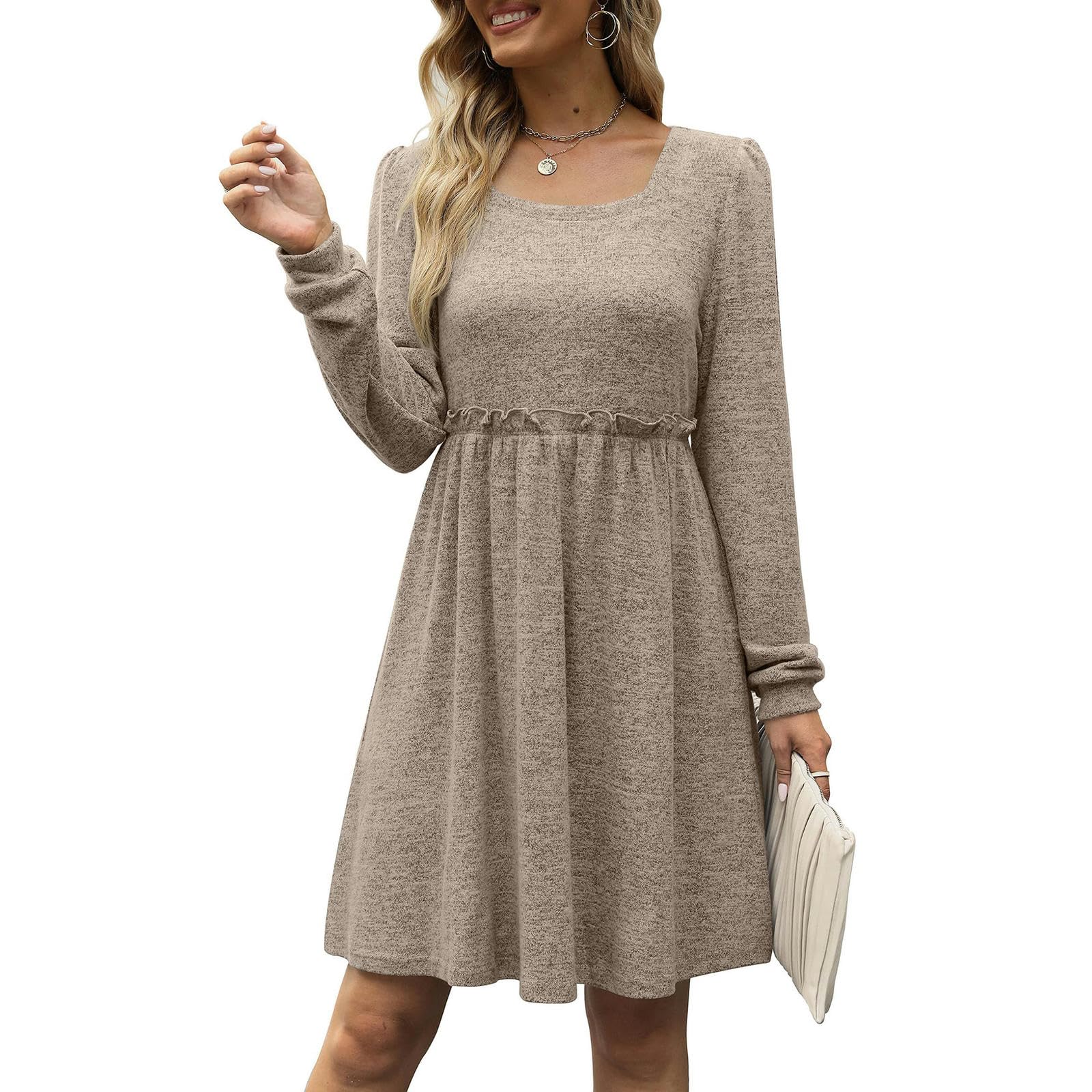 Robe carrée à manches longues pour femme avec taille élastique vêtement automne chic