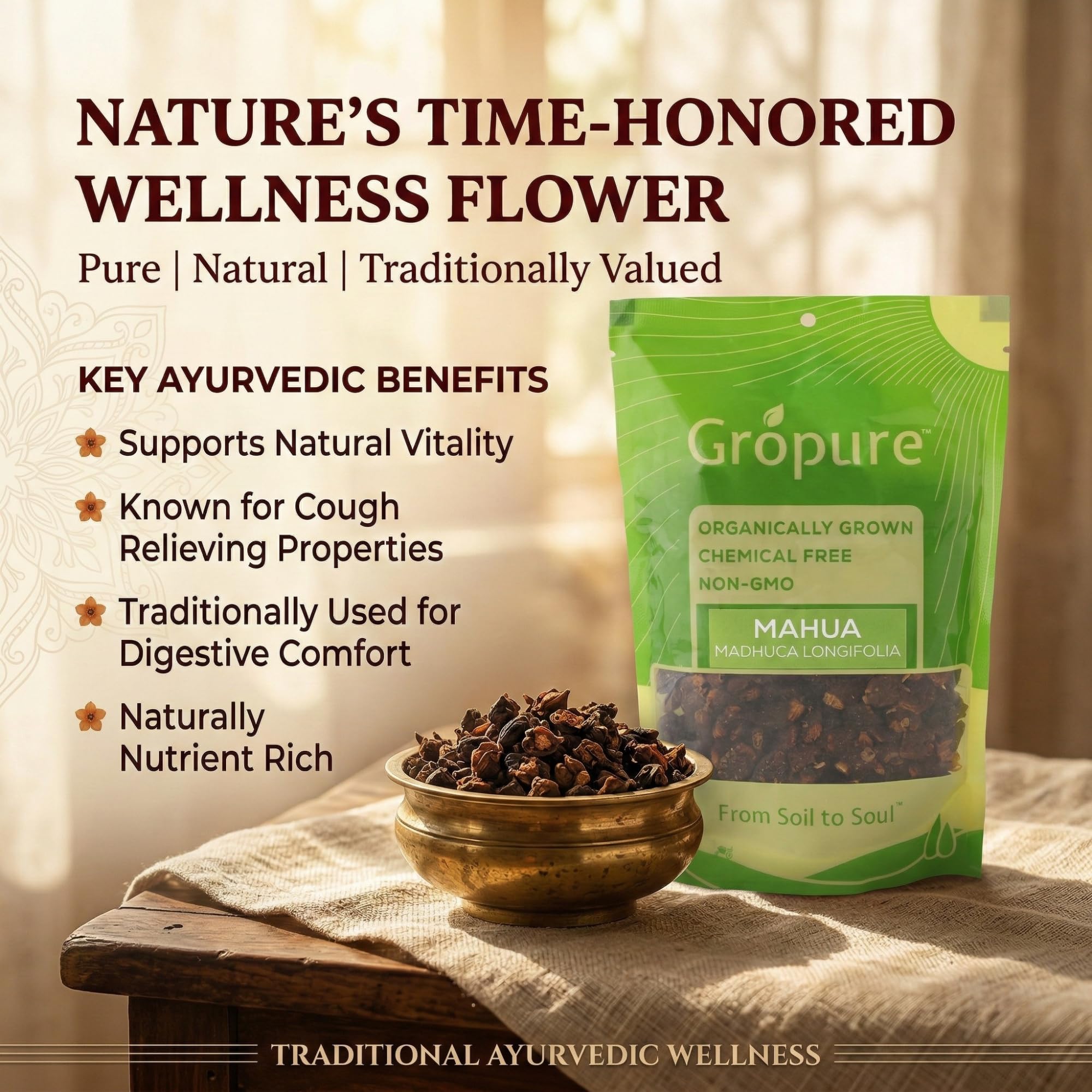 GroPure Organic: From Soil to Soul | Dried Mahua Flowers 200g | Premium Mahua Phool (Madhuca Longifolia) for Herbal Drinks, Traditional Recipes & Wellness | Naturally Sweet Sun Dried Flowers | No Preservatives | 1