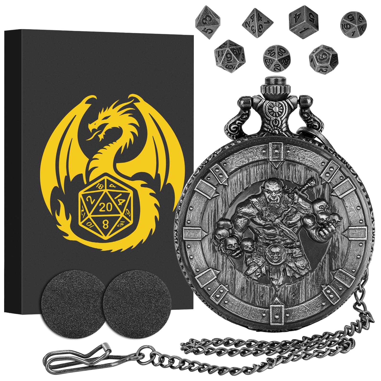 Mini DND Dice Set including Barbarian Horde Orcs Pocket Watch Shell Case, DND Starter Set