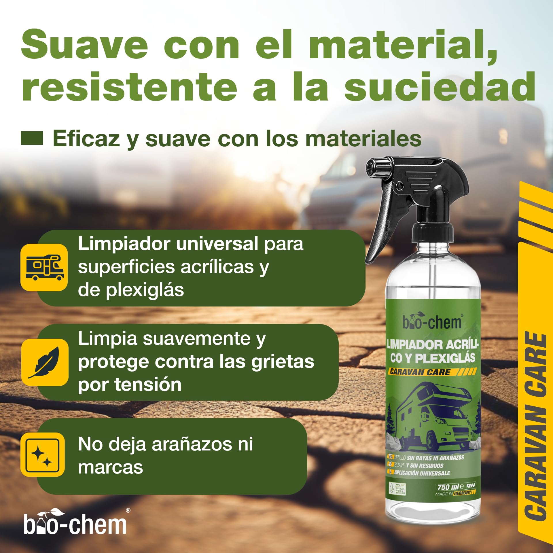 Bio-Chem - Limpiacristales acrílico y plexiglás 750 ml - Limpiacristales para caravanas, autocaravanas y automóviles - Spray líquido limpiacristales para automóviles