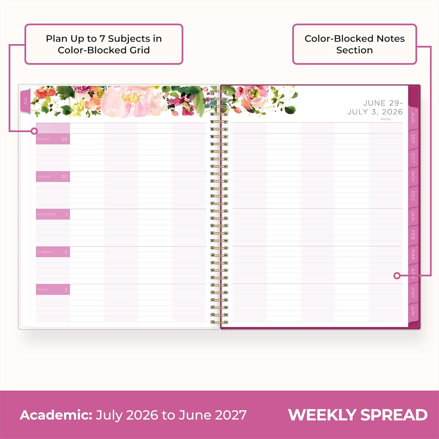 Blue Sky Kelly Ventura 2026-2027 Weekly and Monthly Academic Year Teacher Lesson Planner Calendar, July 2026 - June 2027, 8.5" x 11", Flexible Cover, Wirebound, Laminated Tabs, Storage Pocket, Magnetic & Snap In Book Marks, Includes Stickers, Summertime Brights