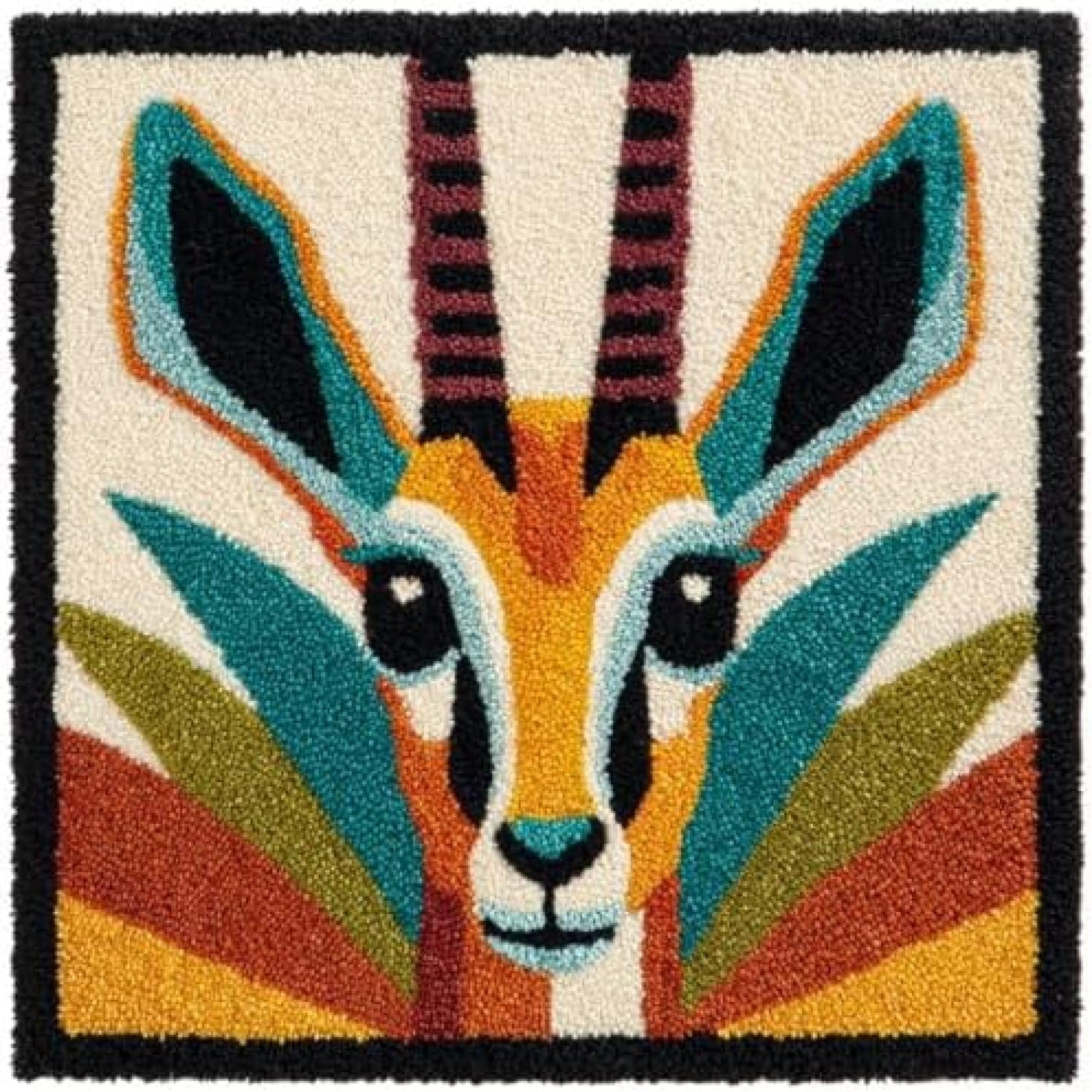 kitphoenix DIY Pillow Cover Latch Hook Kit for Adults,Antelope Portrait,Pre-Printed Rug Hooking Craft Kit with Yarn and Hook,43x43 cm Cushion Case Making Set