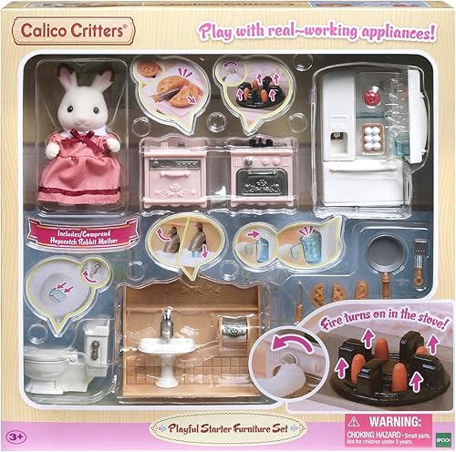 Miniatura 8 de Calico Critters Juego de muebles de juguete para principiantes, juego de muebles y accesorios para casa de muñecas con figura coleccionable incluida
