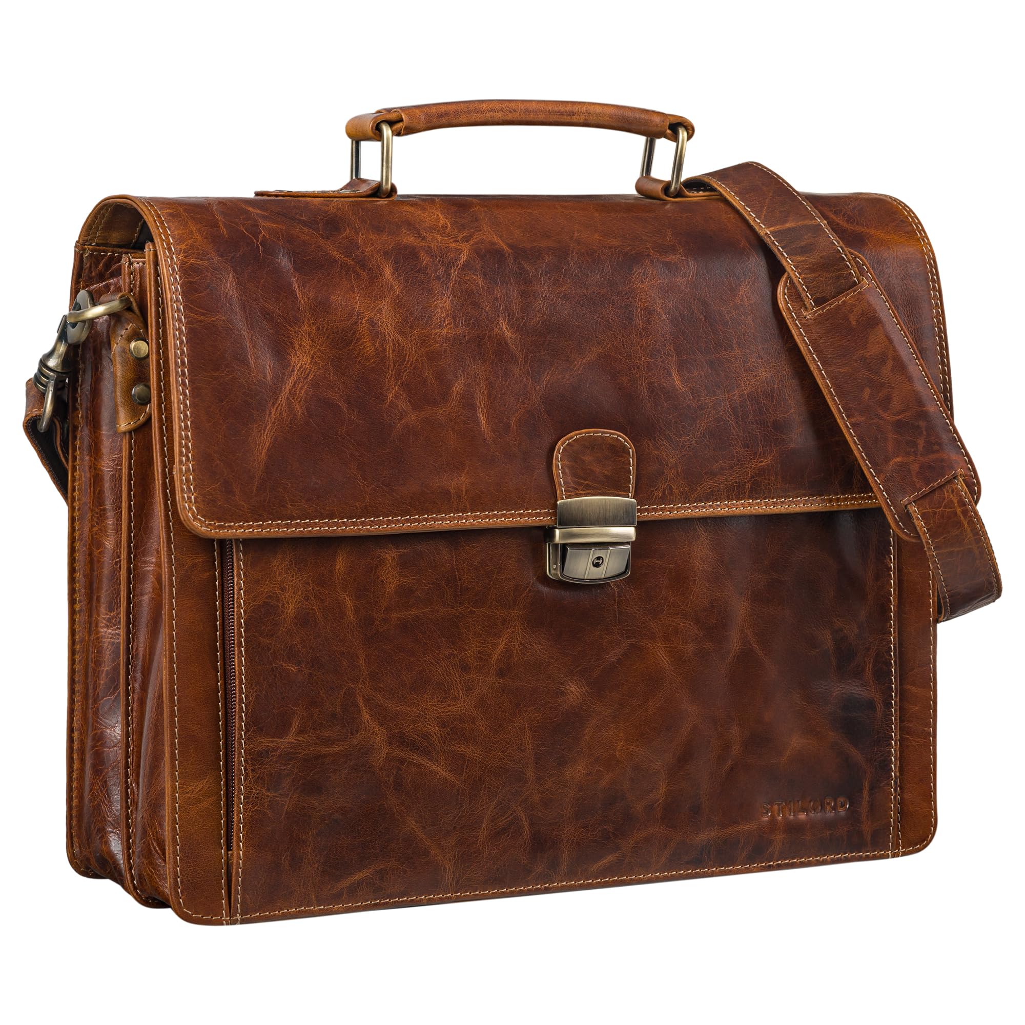 STILORD "Stanley Aktentasche Herren Leder mit Schloss für 17 Zoll Laptop Business Tasche Echtleder Vintage Laptoptasche Groß Umhängetasche XL mit Trolley Halterung Farbe:sepia - braun plain