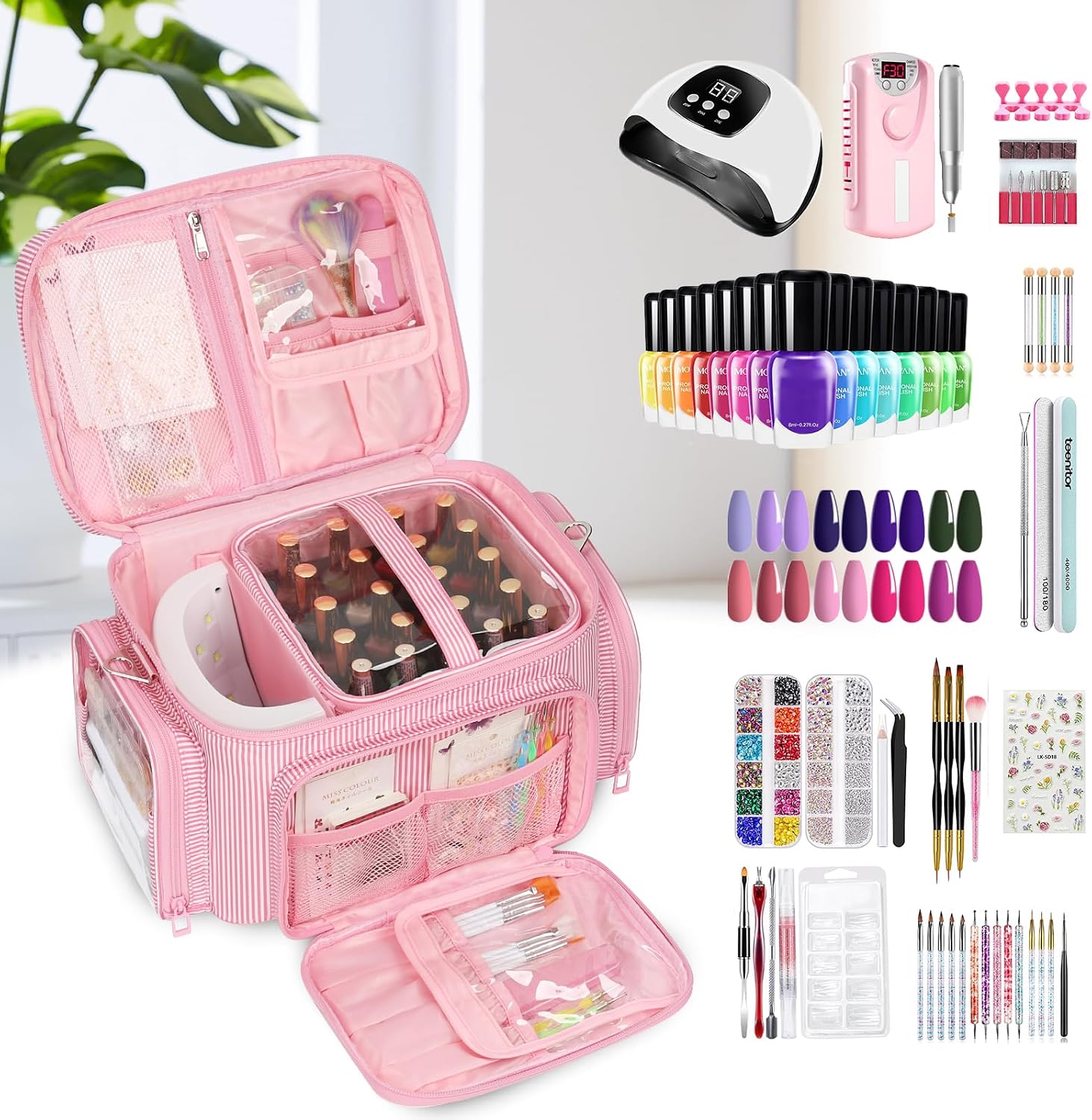 Bagmoly Nail Polish Organizer, Nail Polish Storage Holds 42+ Bottles & Nail Lamp, Portable Travel Nail Kit Storage Carrying Case Fits Nail Suppiles, Gift for Manicurist, Grils - Pink Strip