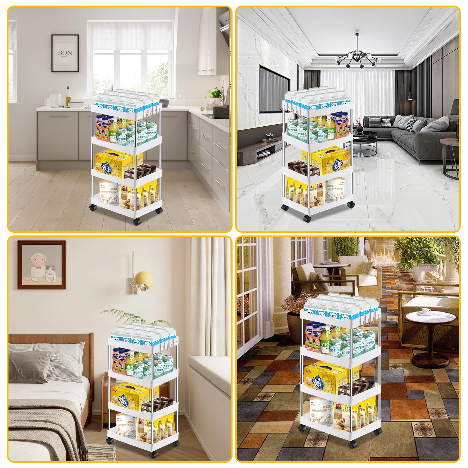 ASelected Carrello portaoggetti a 4 ripiani su ruote, carrello portaoggetti da cucina, per ufficio, soggiorno, cucina, cestino portaoggetti mobile, ripiani organizzatori, bianco