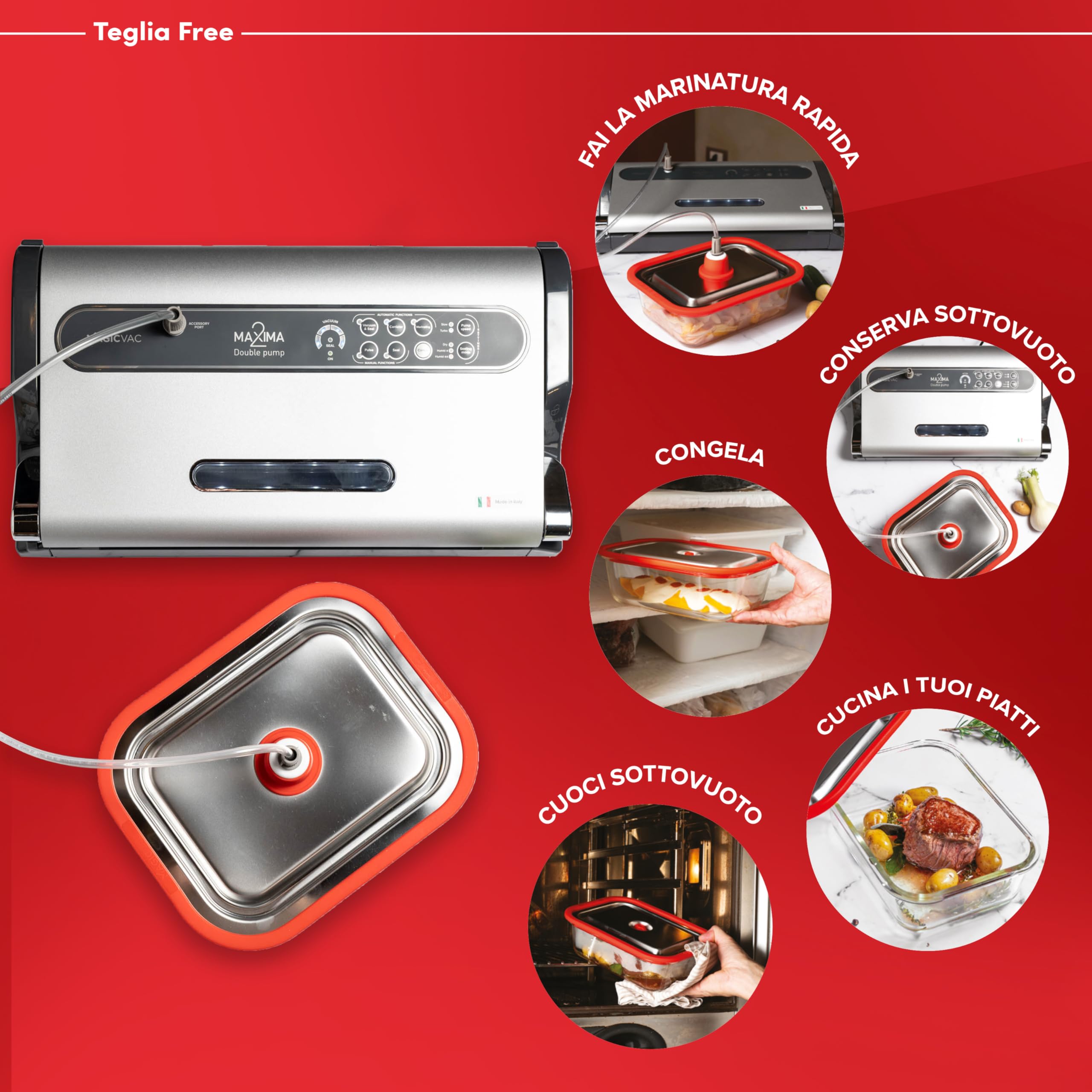 Magic Vac, Teglia Free, Teglia Forno e Sottovuoto per Marinatura e Conservare Sottovuoto Alimenti, In Vetro Borosilicato, Acciaio e Silicone, da Utilizzare con Macchine Sottovuoto Magic Vac