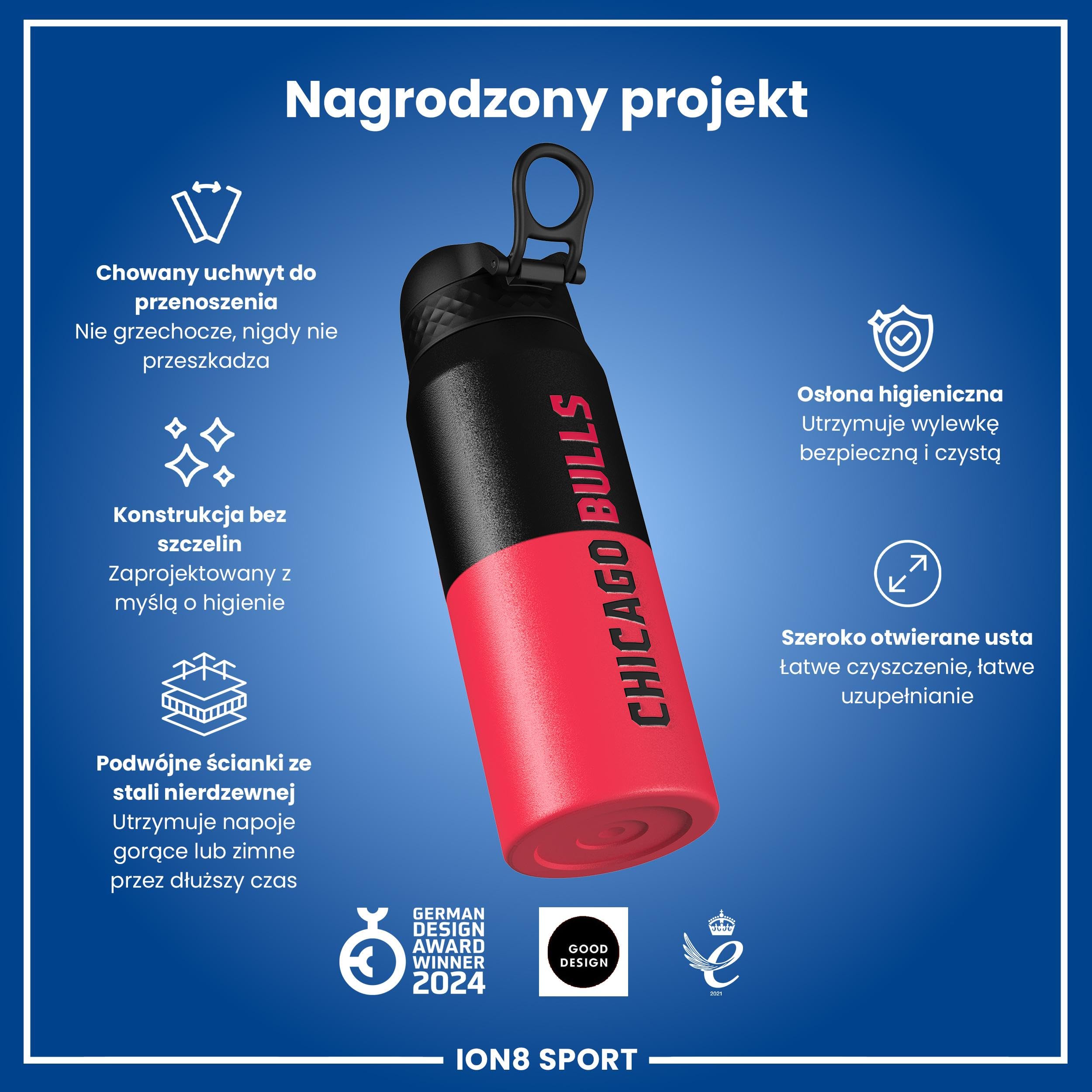 NBA Chicago Bulls Termiczna Butelka Sportowa Ze Zdejmowaną Słomką, 750ml/24oz, Szczelna, Izolowana Próżniowo, Łatwa Do Otwarcia, Bezpieczne Zamknięcie, Można Myć W Zmywarce, Składana Pokrywka