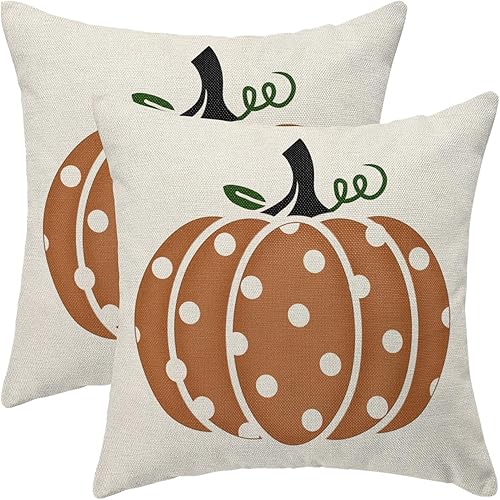 Juego de 2 fundas de almohada de otoño de 18 x 18 pulgadas, diseño de calabaza con lunares naranjas, decoración de otoño, Acción de Gracias, para