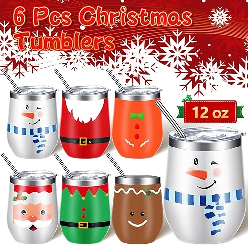 Miniatura 10 de 6 vasos de vino de acero inoxidable de Navidad de 12 onzas, vaso de vino aislado divertido con tapa, popote y cepillo, tazas de vino aisladas para