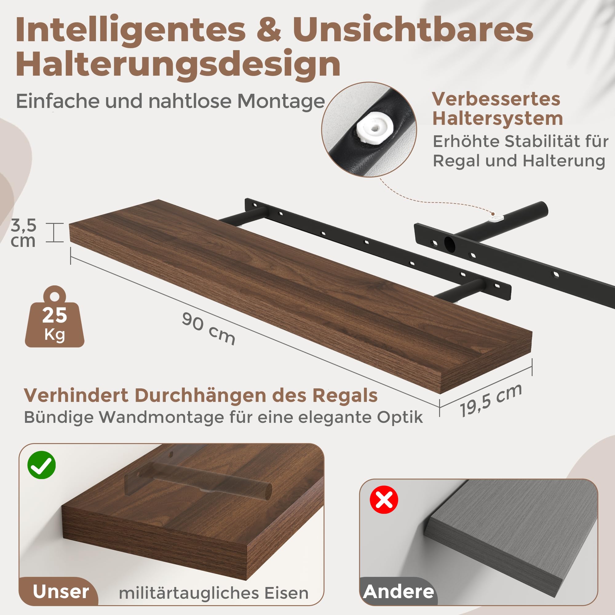 Marsmiles 90 cm Schweberegale, Wandregal, Regale, Walnuss Optik, 2Pcs
