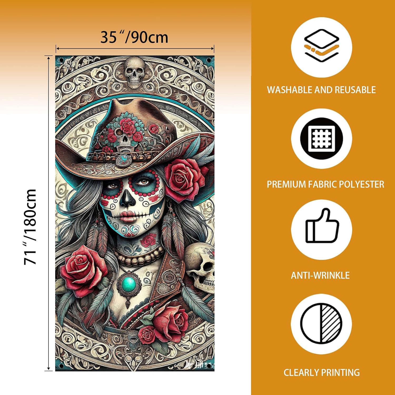 Day of The Dead Door Cover,Dia De Los Muertos Porch Sign Banner,Gothic Halloween Sugar Skull Flowers Mexican Fiesta Party Decorations and Supplies for Home House Outdoor Decor (Multicolor 07) image 2