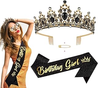 SuPoo Black and Gold Birthday Crowns & Sash Kit Birthday Tiara Rhinestones Crown with Comb Glitter Birthday Girls Sash Happy Birthday Decorations Princess Black Gold Party Decorations Party Supplies