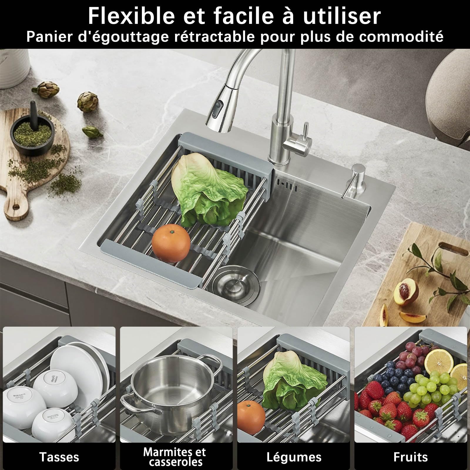Evier Cuisine 1 Bac 50 * 45CM Acier inoxydable Evier de cuisine avec robinet extensible Distributeur de Savon avec Egouttoir,Brossé