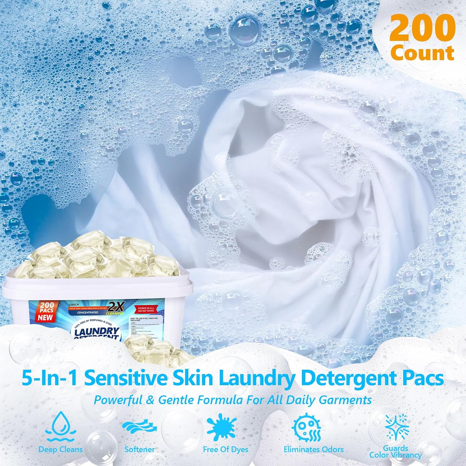 Sensitive Skin Laundry Detergent Pods, Concentrated 2X Cleaning, 200 Count image 2