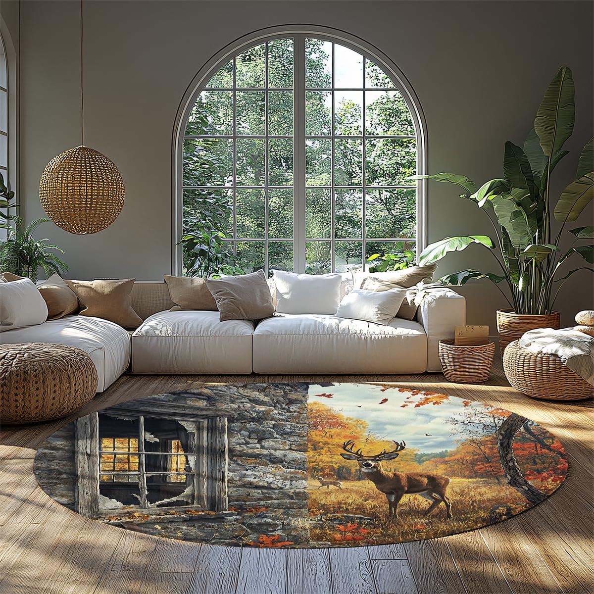 Tapis circulaire antidérapant lavable 180cm cerf de la forêt d'automne