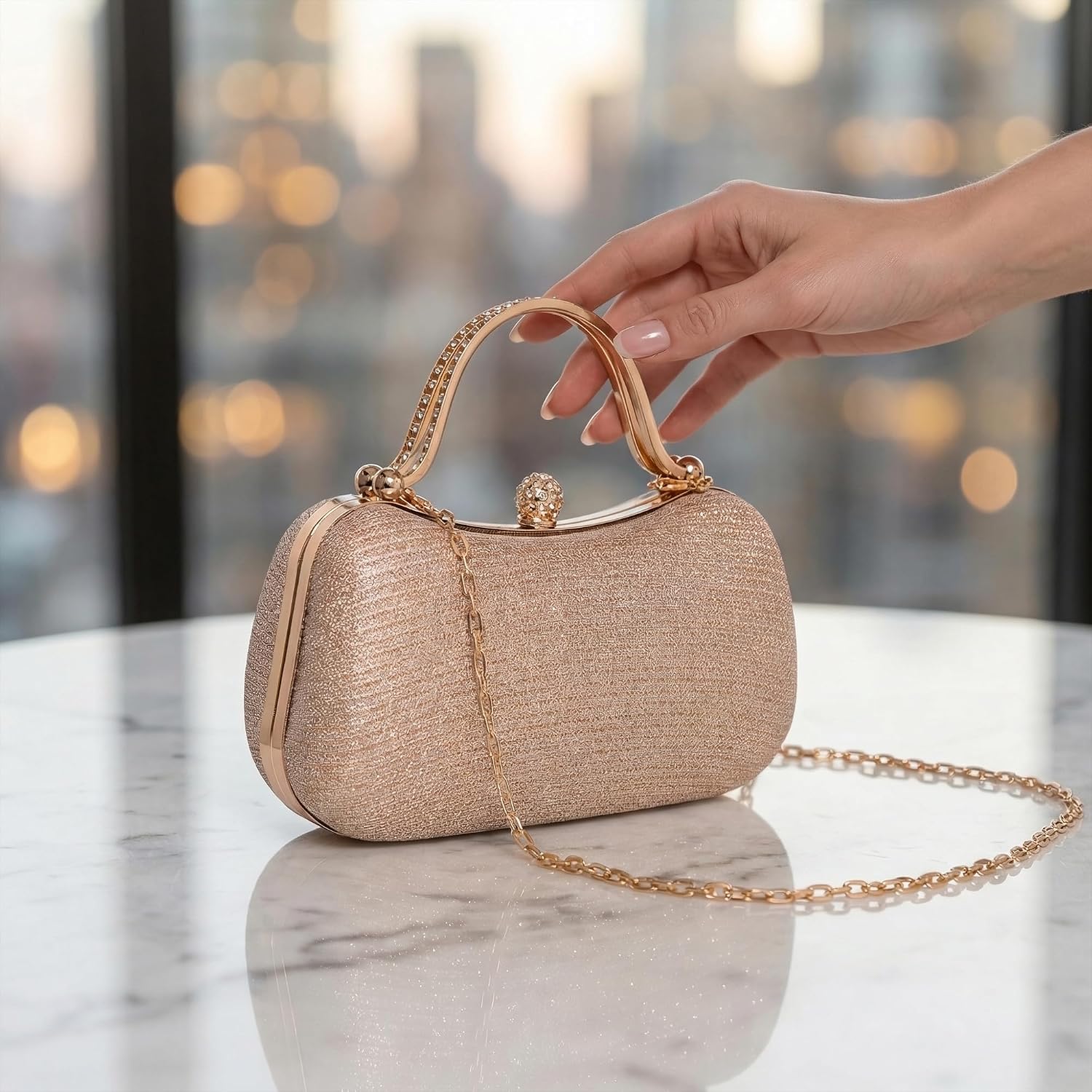 Perphy Rhinestone Clutch Purses for Women Sparkly Gemstone Handbag with Detachable Chain 7.9 * 2.9 * 4.3 inches Gold