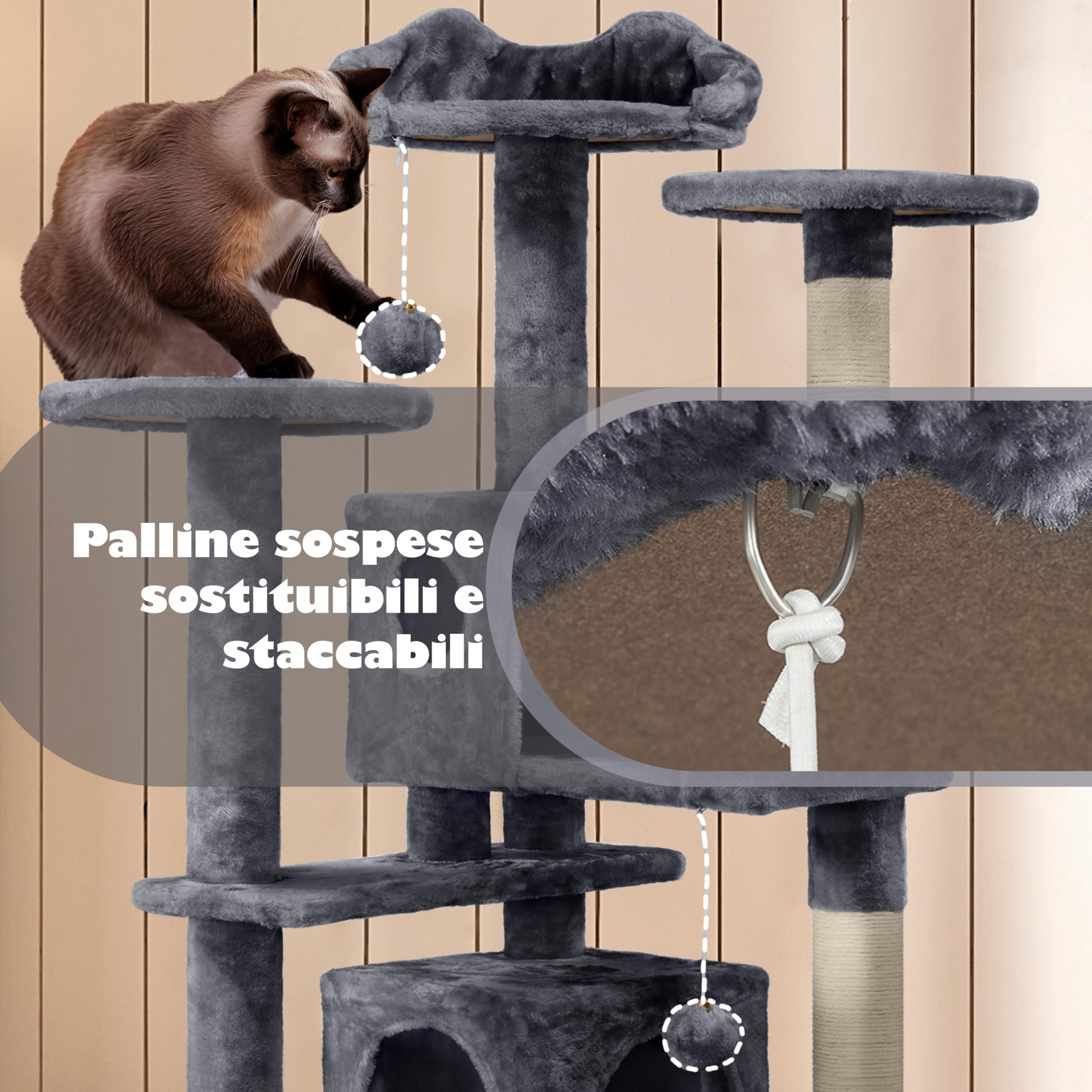 Yaheetech Albero Tiragraffi per Gatti 139 cm con 3 Pali Graffiatoi 3 Posatoi 2 Grotta 2 Pompon in Peluche a Più Livelli Giocattolo Gioco Grigio Scuro