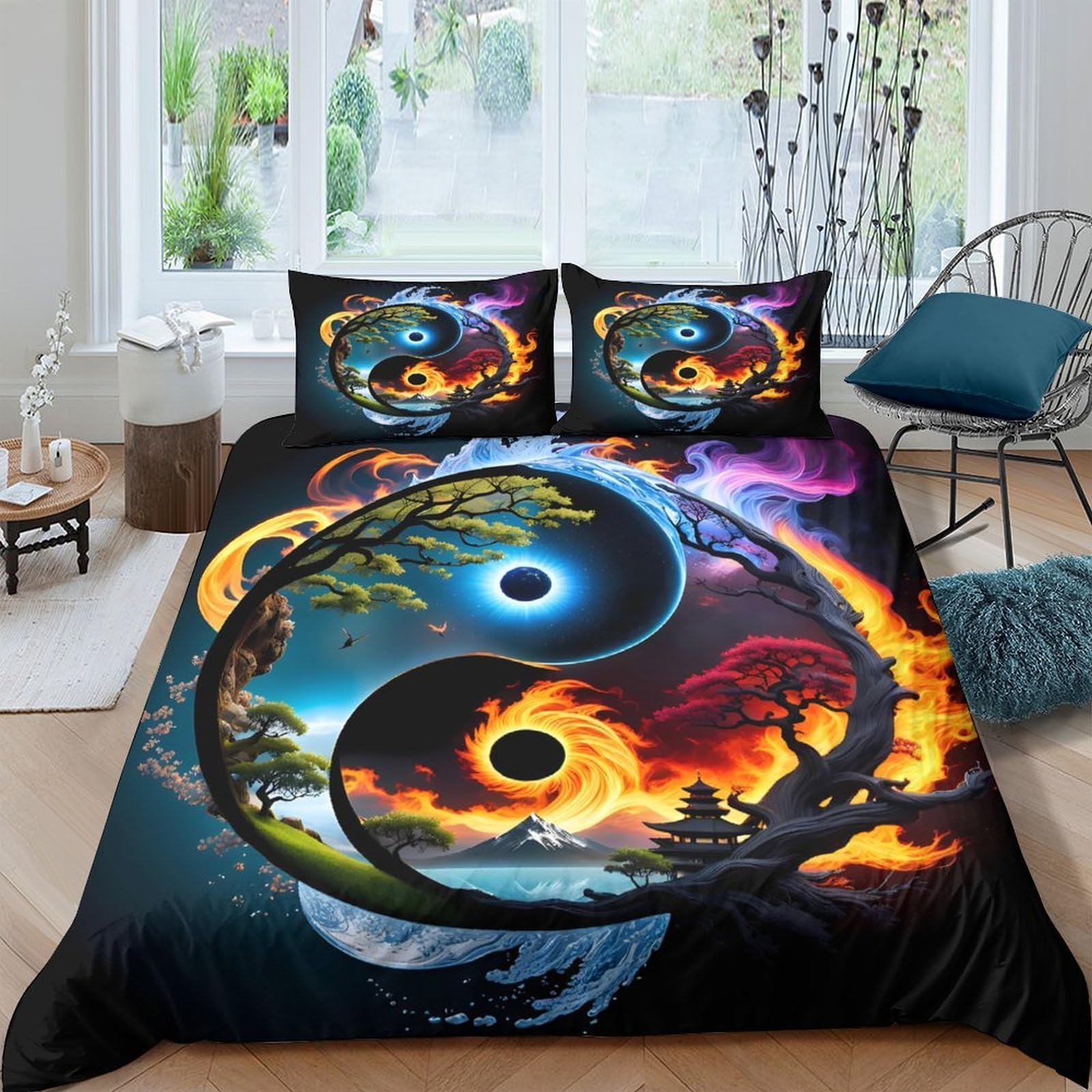 GPLZQXKJNH 3D Printed Yin Yang Nature Fire Duvet Cover Microfiber Soft Breathable Water Sky Bedding Set with 2 Pillowcases for Bedroom Decor Single（135x200cm）