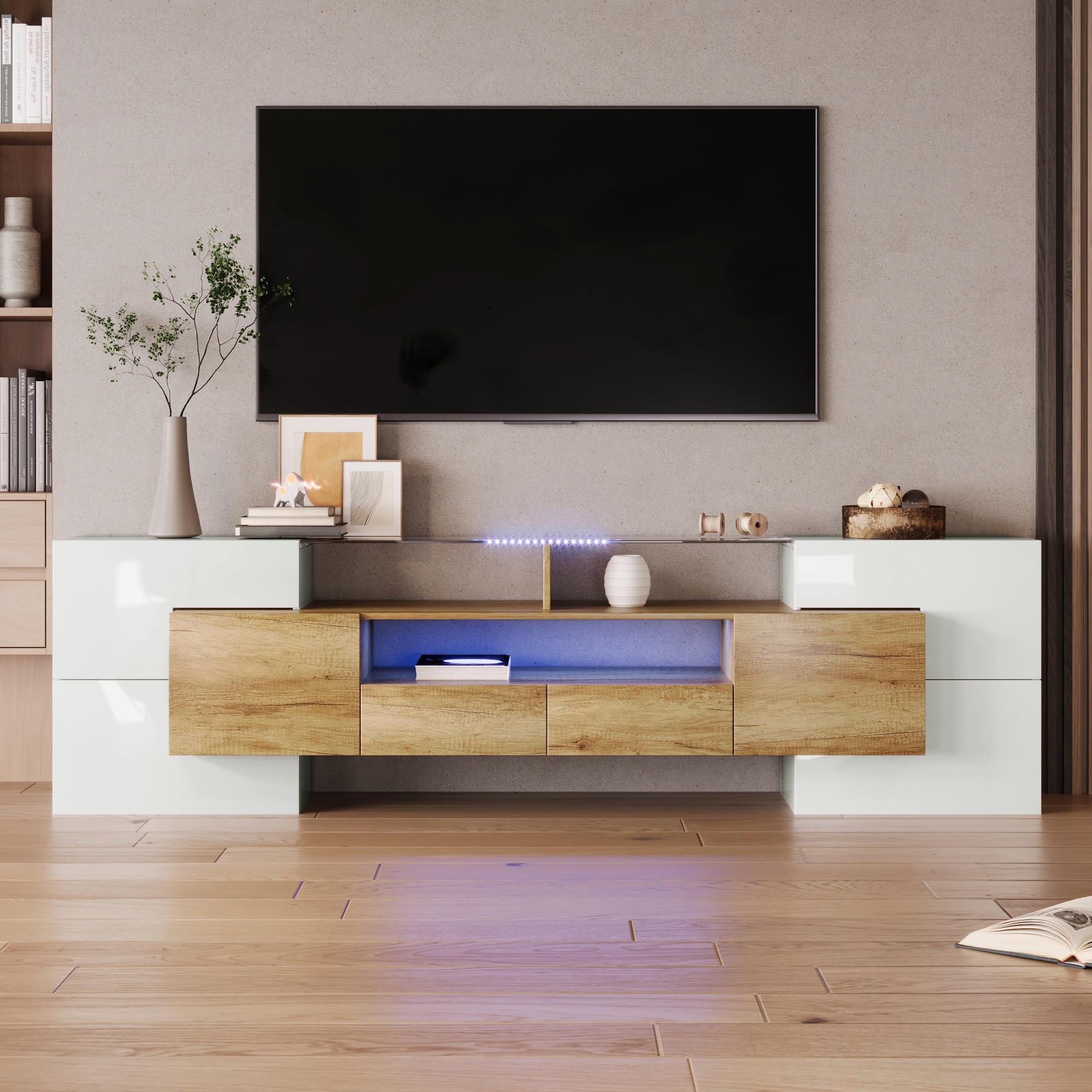 Mueble TV de Alto Brillo de Hasta 80 Pulgadas, Muebles de Salon Muebles TV con Iluminación LED y Estante de Vidrio, Mueble para TV Moderno con 6 Puertas y 2 Cajones, 200x35x60 cm, Natural+Blanco