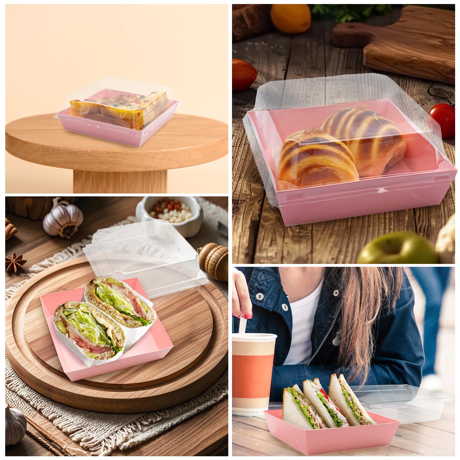 Confezione da 100 scatole per salumi con coperchio trasparente da 12,7 cm, scatole usa e getta per torte, dessert, contenitori quadrati per biscotti, panini, fette di torta, bombe al cacao