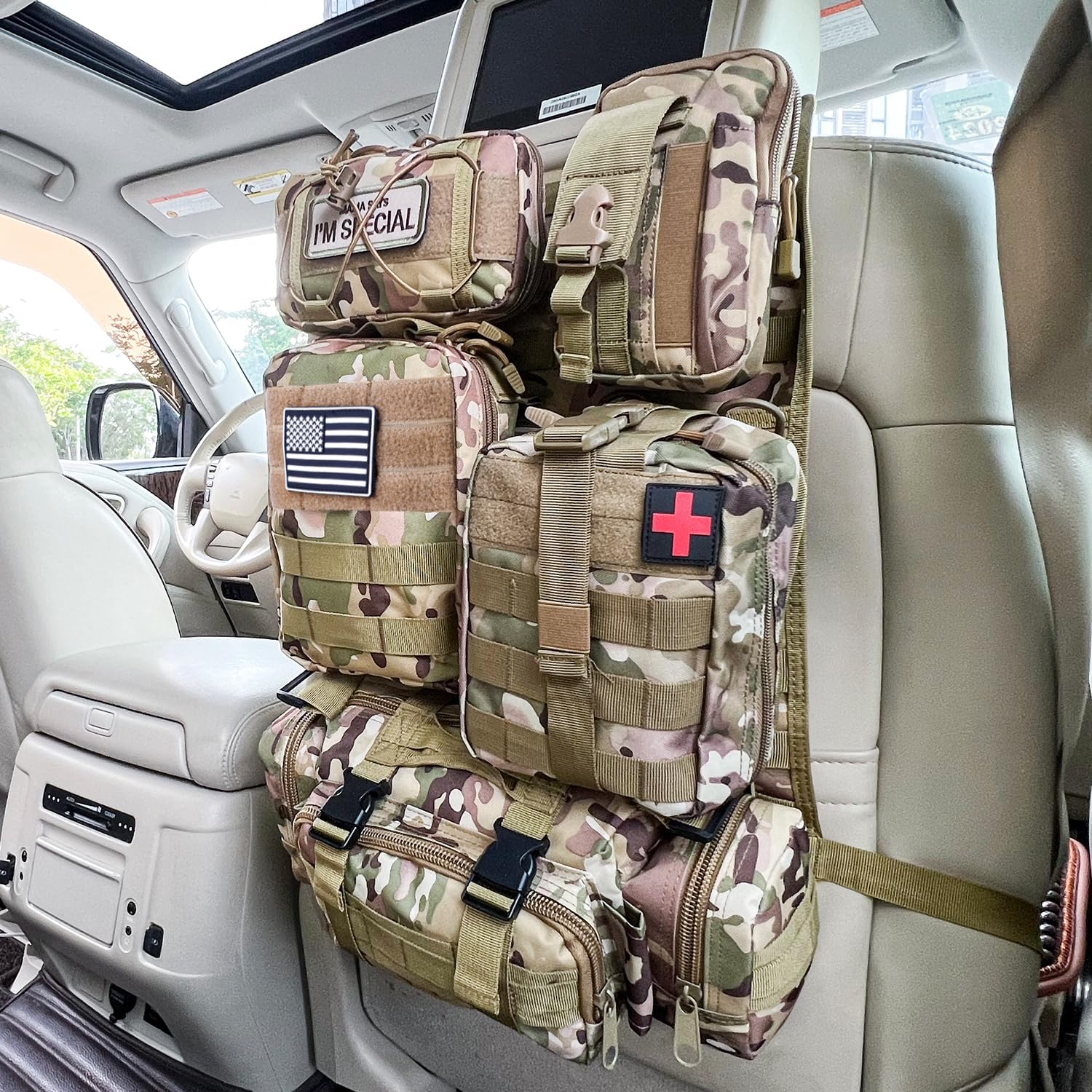 Organizer Tattico per Schienale Auto con 5 Tasche Rimovibili | Sistema Molle Universale Per Auto, SUV E Camion, Protegge Lo Schienale E Ottimizza Lo Spazio