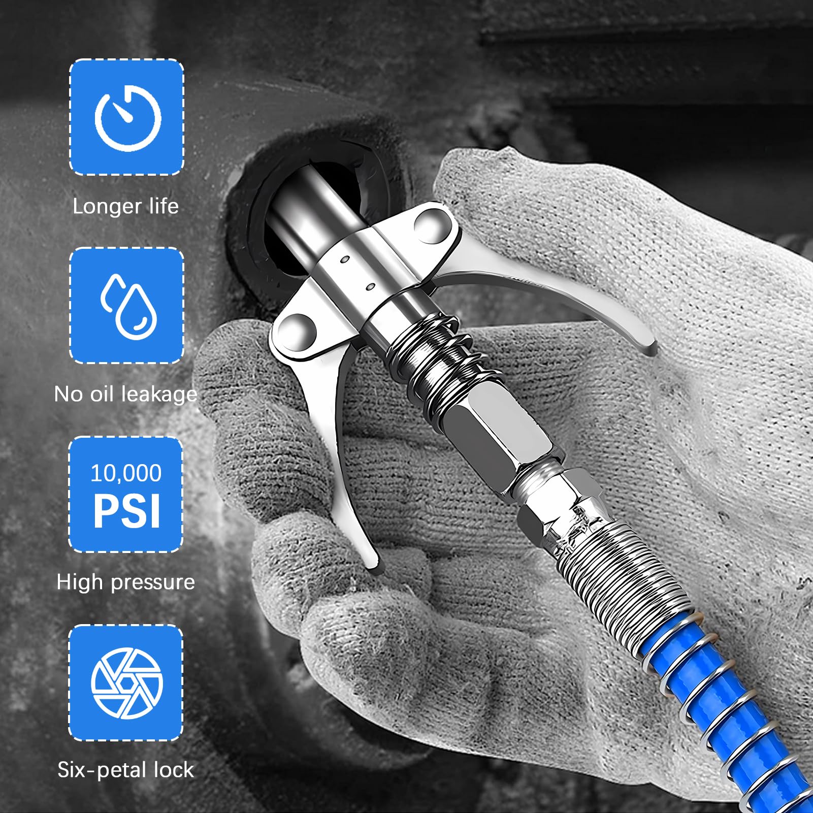 QWORK® vetspuit mondstuk 1/8 NPT 10000 PSI G koppeling dubbele handgreep 10mm binnendraad, geschikt voor standaard smeernippels M6/M8/M10/M12/M14