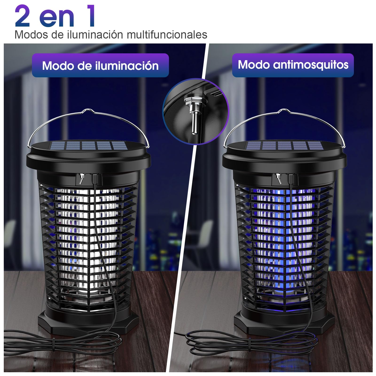 PALONE Lampara Antimosquitos Solar 2500mah/4500v, Antimosquitos Electrico Recargable por USB y Cable De 1 M, con Barra de Soporte Solar de 5,5 W/5 V Y Cable de Carga C para Interior y Exterior