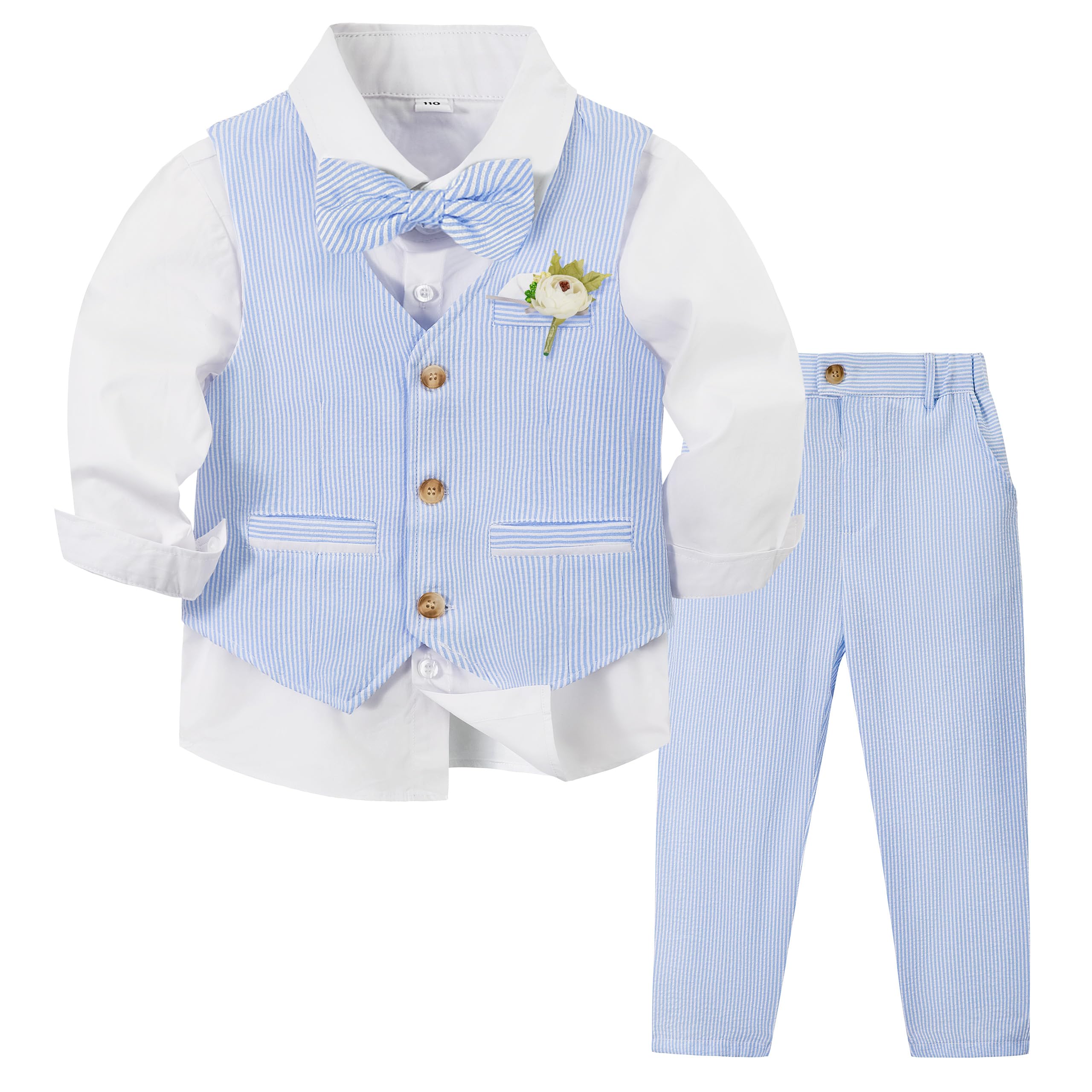 Volunboy Baby Jungen Anzug, 5-TLG Elegantes Hochzeit-Set mit Weste, Hemd, Hose, Boutonnière und Papillon