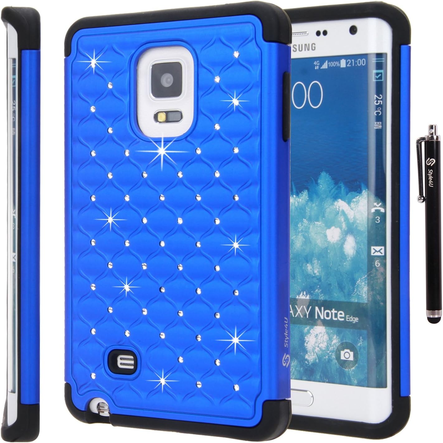Style4U Galaxy Note Edge Case, Galaxy Note Edge Studded Rhinestone Crystal Bling Hybrid Armor Case Cover for Samsung Galaxy Note Edge/Note 4 Edge with 1 Stylus [Royal Blue/Black]