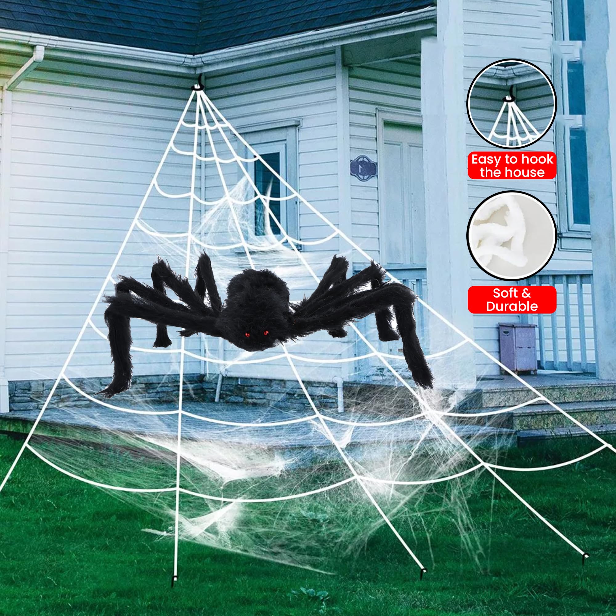 GRO VITS - Set di decorazioni per Halloween, 500 cm, triangolo gigante ragnatela con 5 picchetti di fissaggio e grande ragno peloso nero da 100 cm, oggetti di scena spaventosi per Halloween per casa