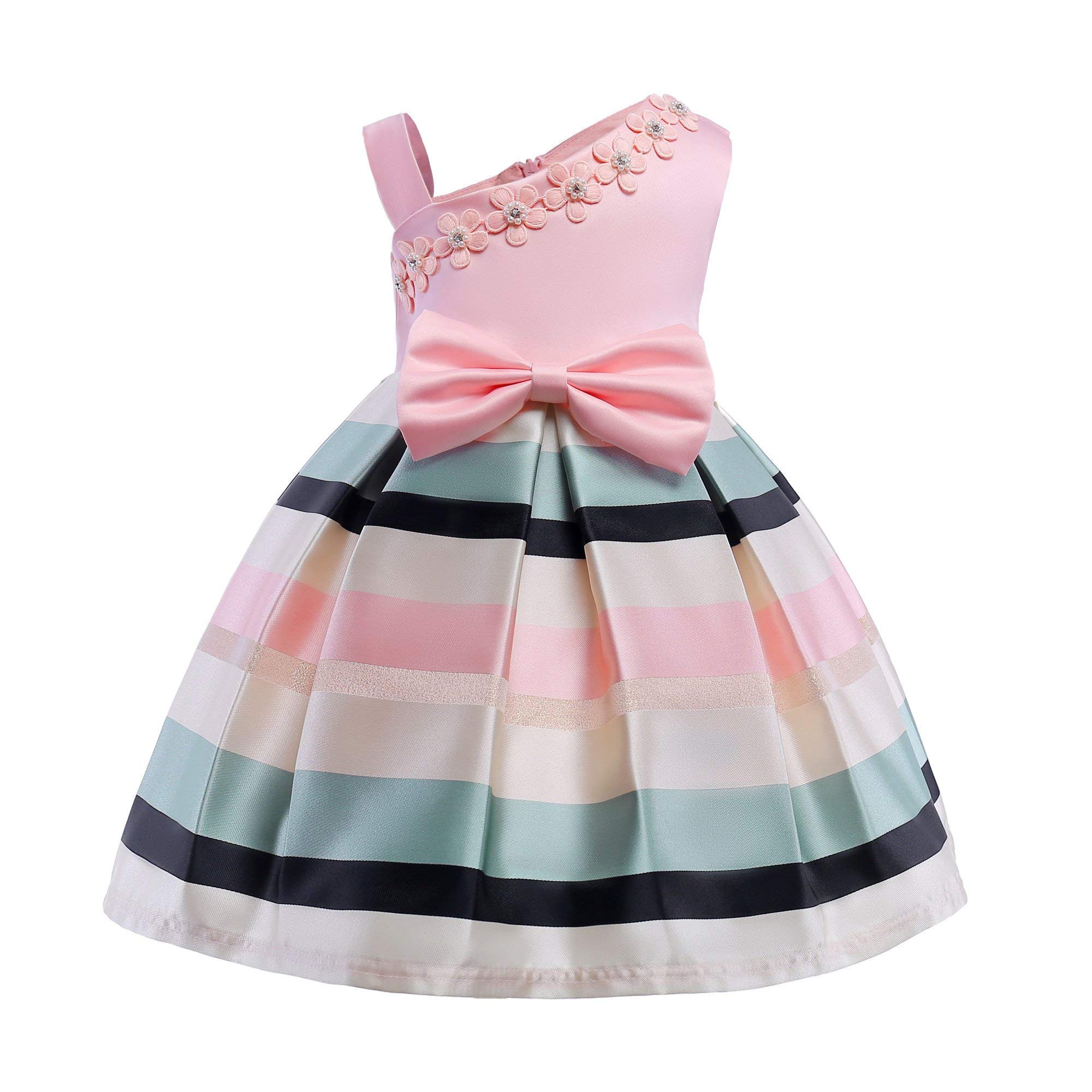 2-9T Girls Kids Striped Floral Ruffles Flower Dress Ball Gown Party Formal Dresses