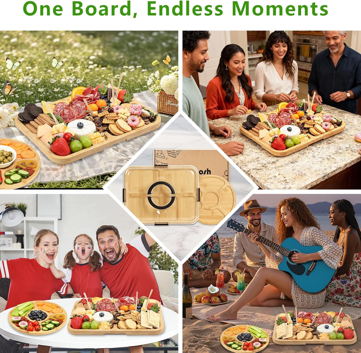 Charcuterie Board Set with Lid and Handle, Portable Travel Bamboo Cheese Board Set with 4 Cheese Tools, Gift for Housewarming, Thanksgiving, Picnics, Christmas (15"x11"board & 10" round board)