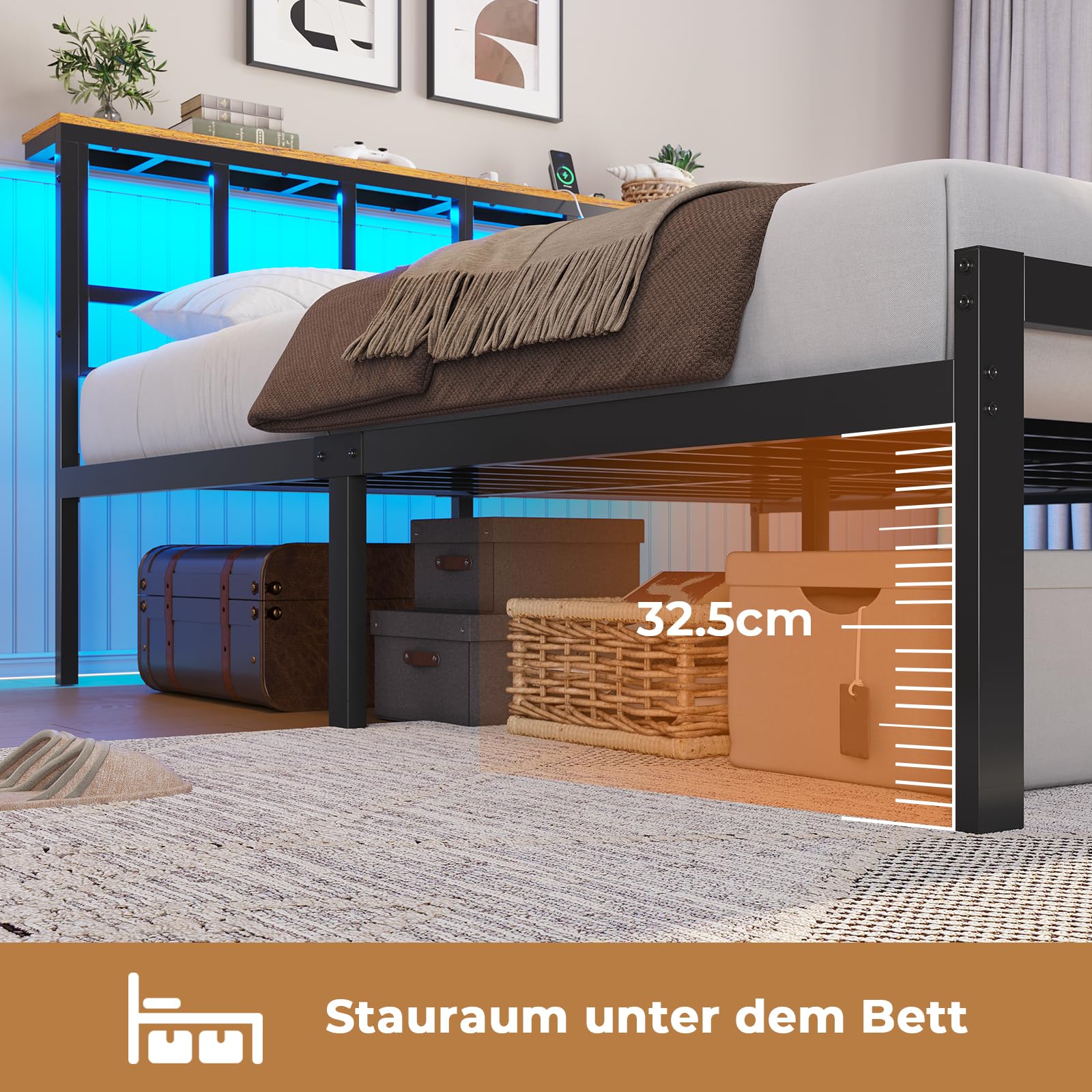 Brinlawb Bett 160x200 mit Lattenrost aus Metall, Bettgestell 160x200cm mit LED Beleuchtung, Ladestation (2 AC-Steckdosen,2 USB-Anschlüsse) Metallbett 160x200 cm mit Kopfteil und Stauraum Doppelbett