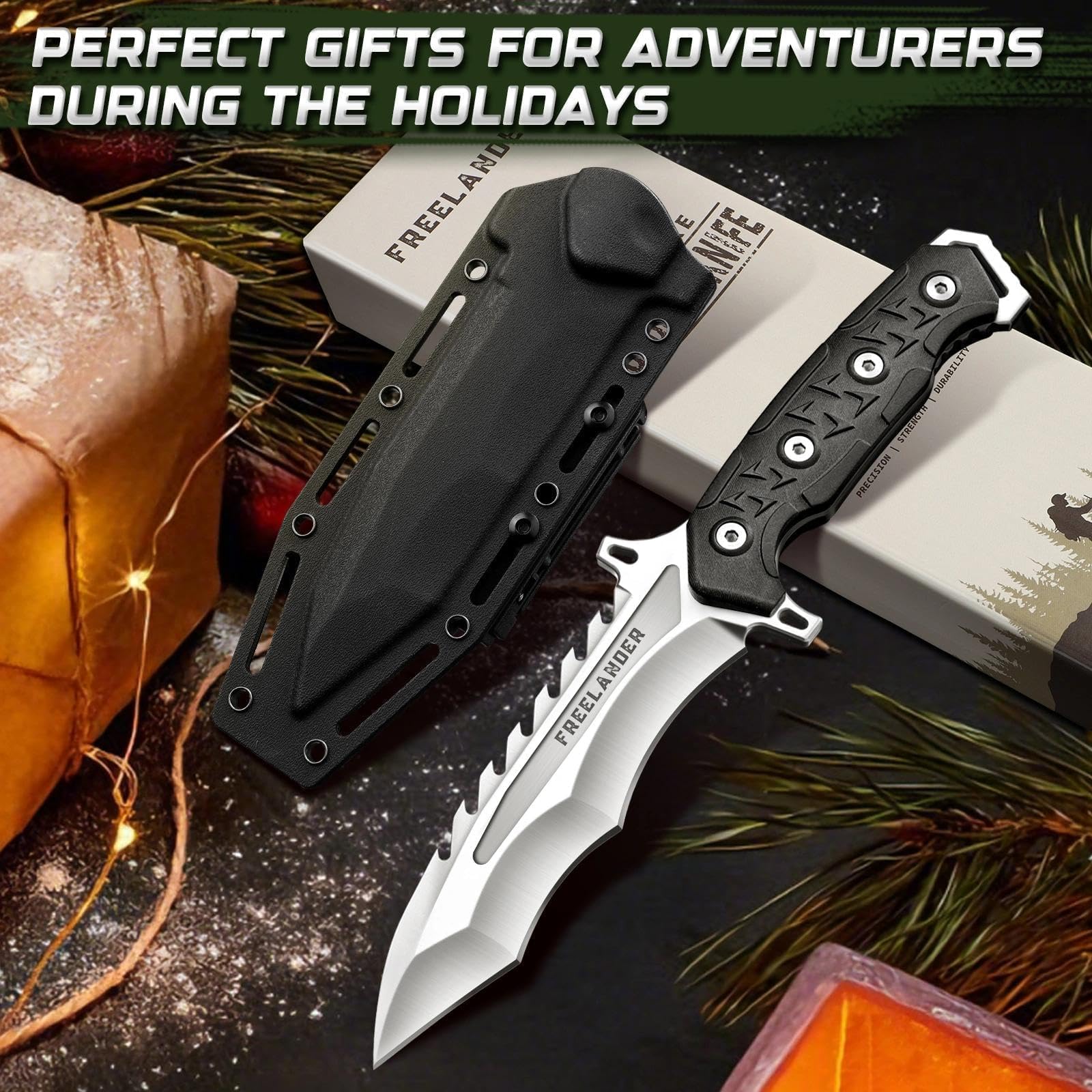 Freelander Outdoor Coltello da Sopravvivenza, Coltello da Lama Fissa in Acciaio D2, Coltelli da Campeggio Bushcraft con Manico G10, Argento
