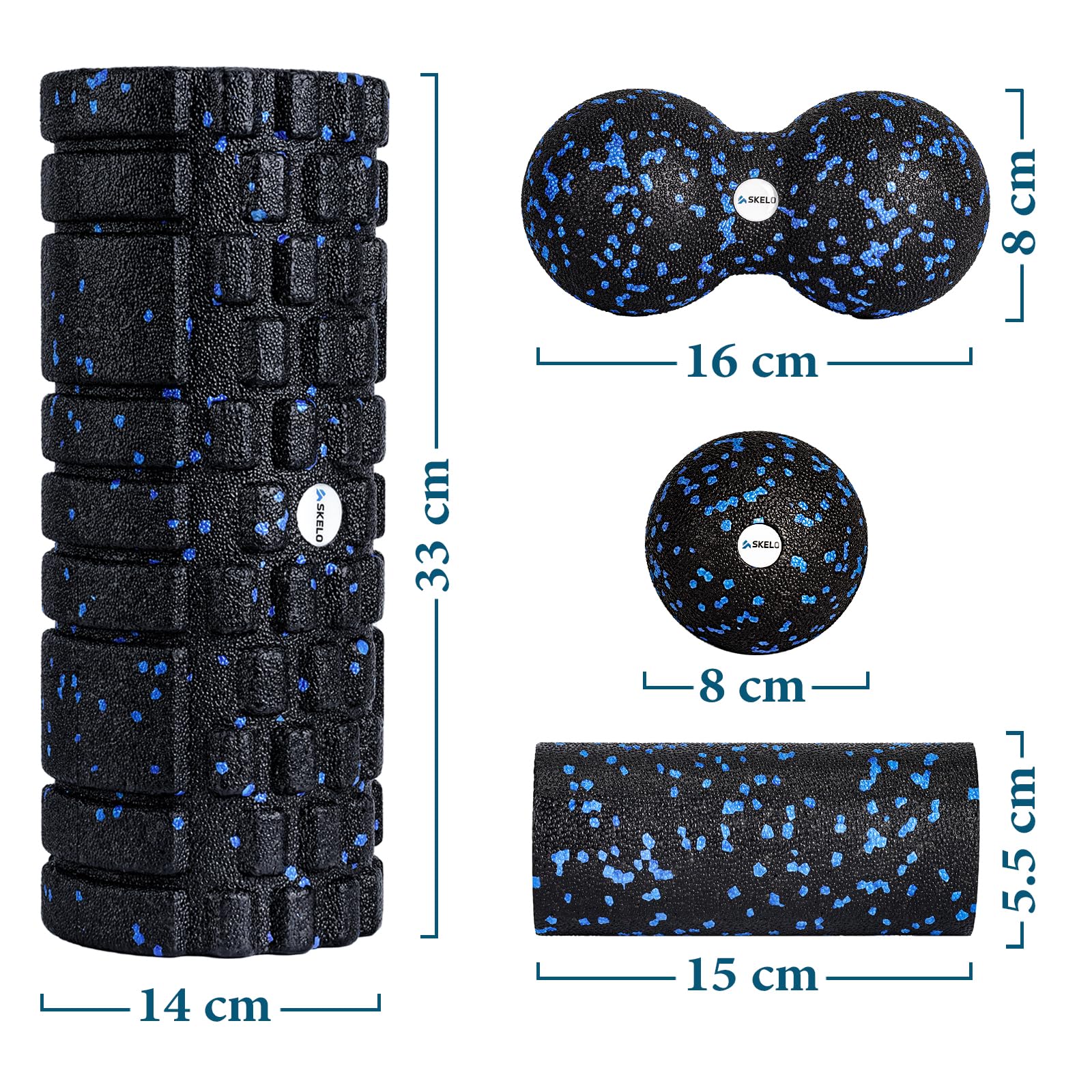skelo Faszienrolle Set, Bestehend aus Faszienrolle mit 3D-Textur-Massage/Mini-Faszienrolle/Faszienball und Duoball Faszien, Foam Roller für Yoga, Muskelmassage, Bindegewebsstoffwechsel, mit Poster