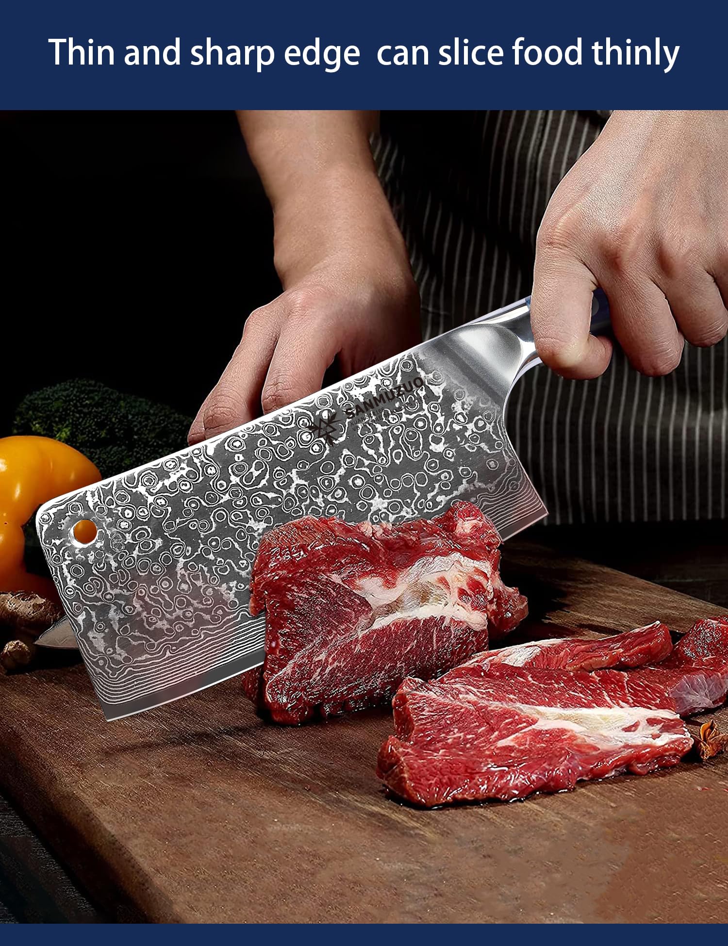 Mannaia Macellaio Cinese Coltello per Carne da Cucina Professionale 16,5 cm, Coltello da Chef Acciaio Damasco da 67 Strati- Impugnatura Ergonomica Resina - Xuan Series(Blu Zaffiro)